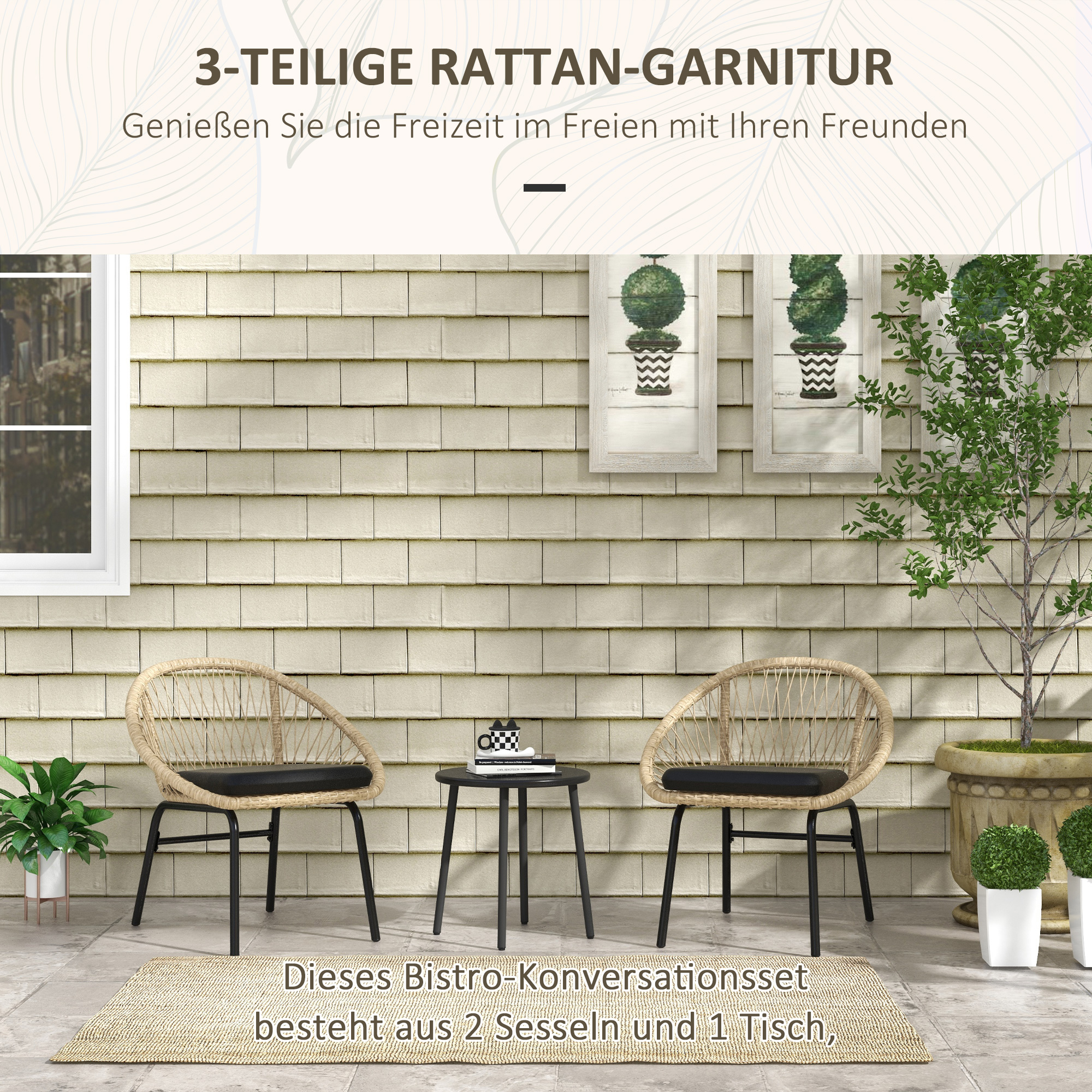 Outsunny Rieten Terrasmeubelset, Tuinmeubelset, 2 Stoelen & Tafel, Geel