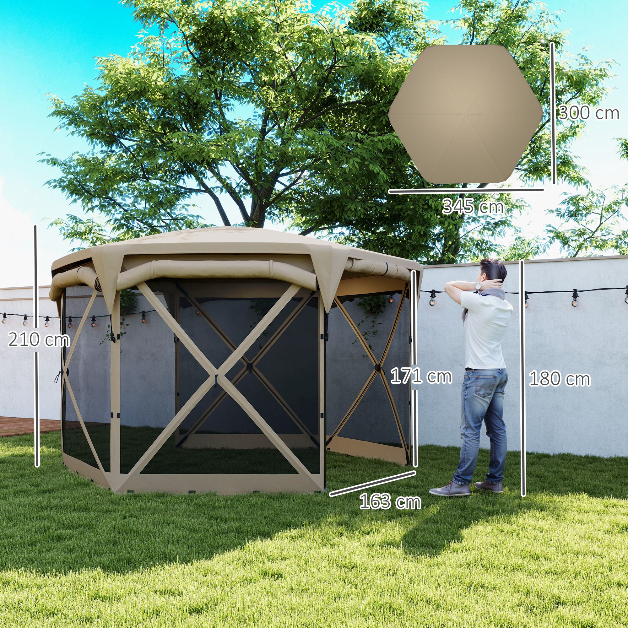 Outsunny 3 x 3,5 Pop-up Tuinpaviljoen met UPF30+ Bescherming, Netwanden, Draagtas, voor Tuinfeesten, Camping, Khaki