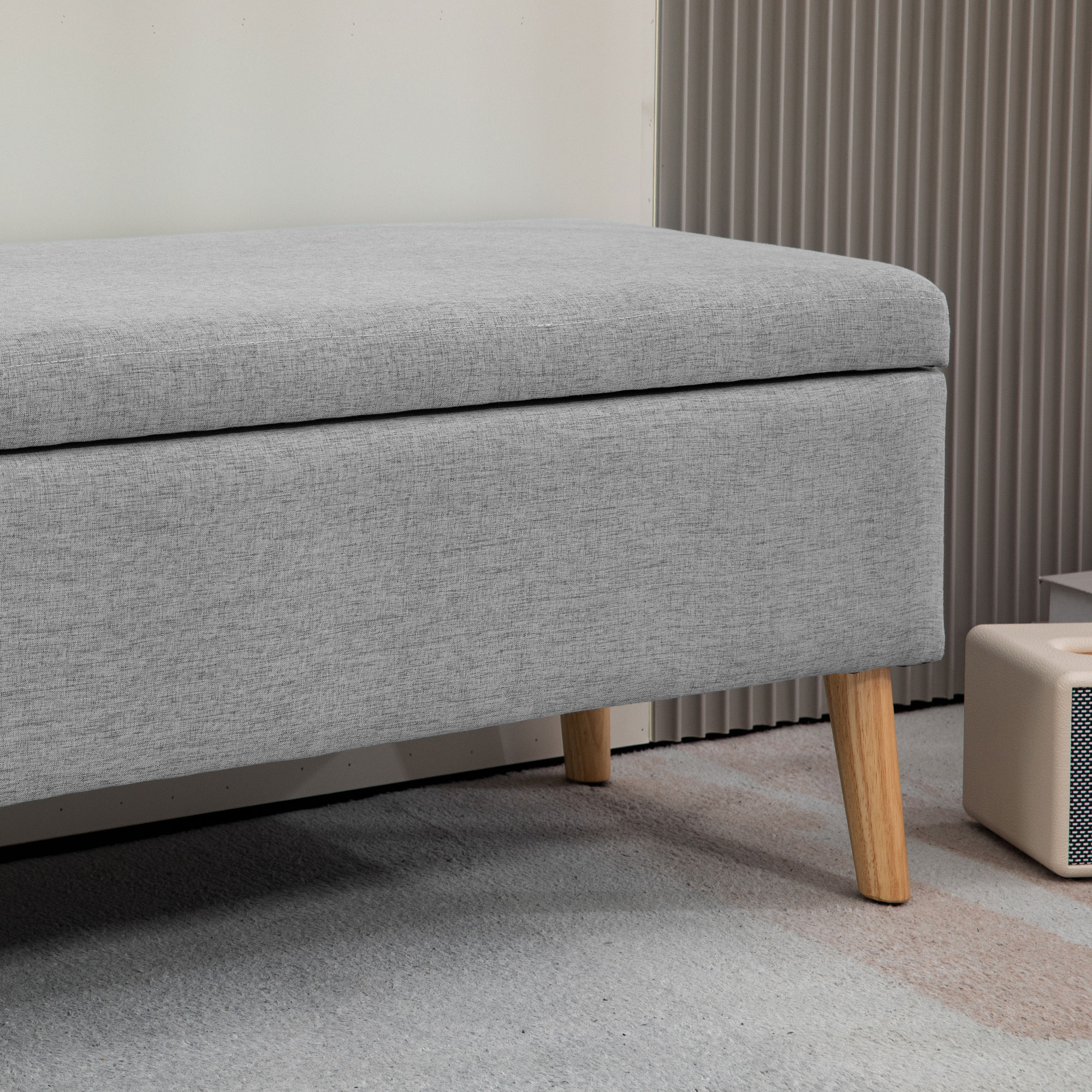 HOMCOM Gestoffeerde Bank met Opbergruimte, Linnenlook Bekleding, Rubberhout Poten, tot 220 kg, 110x39x45cm, Grijs