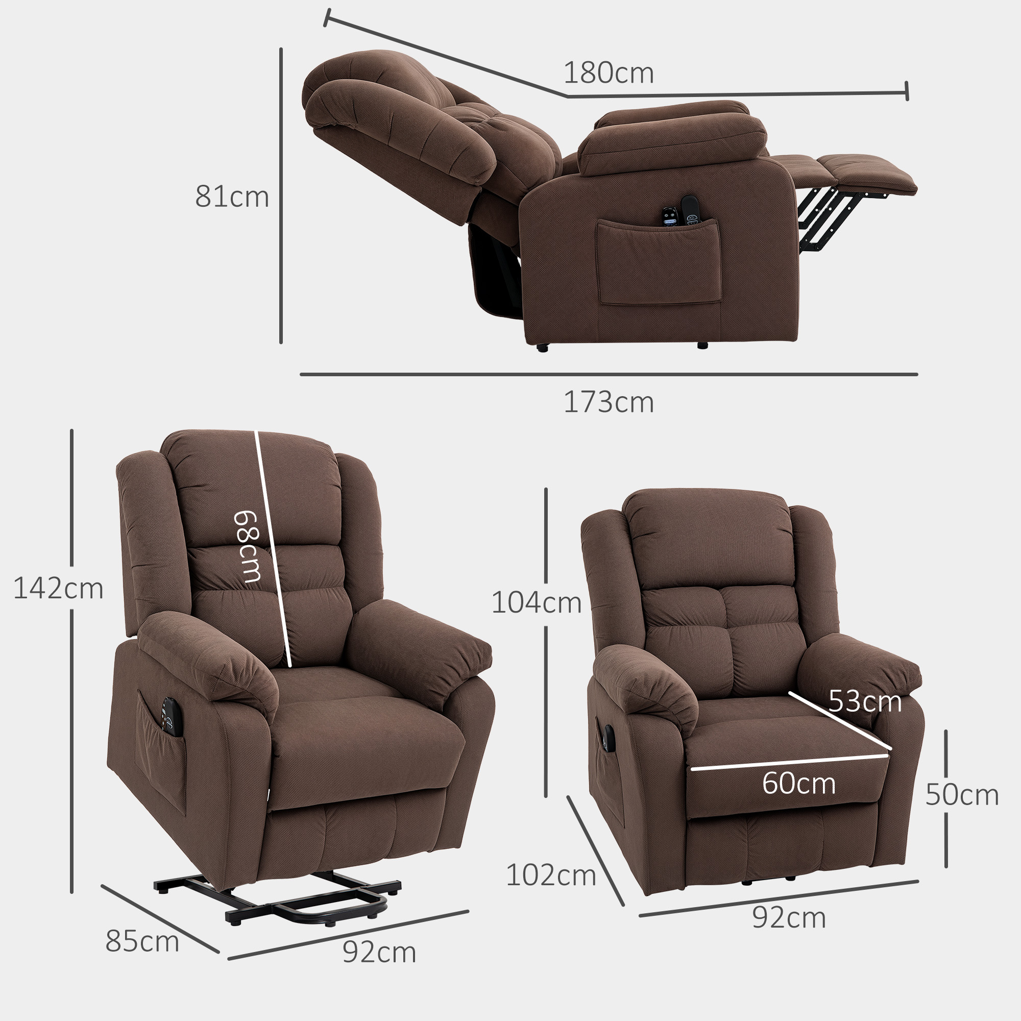 HOMCOM Opstaanstoel met Massagefunctie en Lendeverwarming, Recliner-Stoel met Afstandsbedieningen en Zijzakken, Donkerbruin