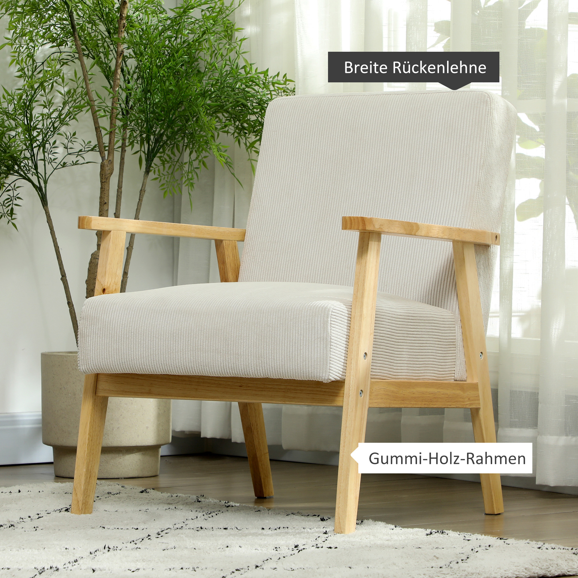 HOMCOM Moderne Fauteuil met Armleuningen, Stoffen Bekleding, van Rubberhout, Accentstoel, Draagvermogen 120 kg, Roomwit