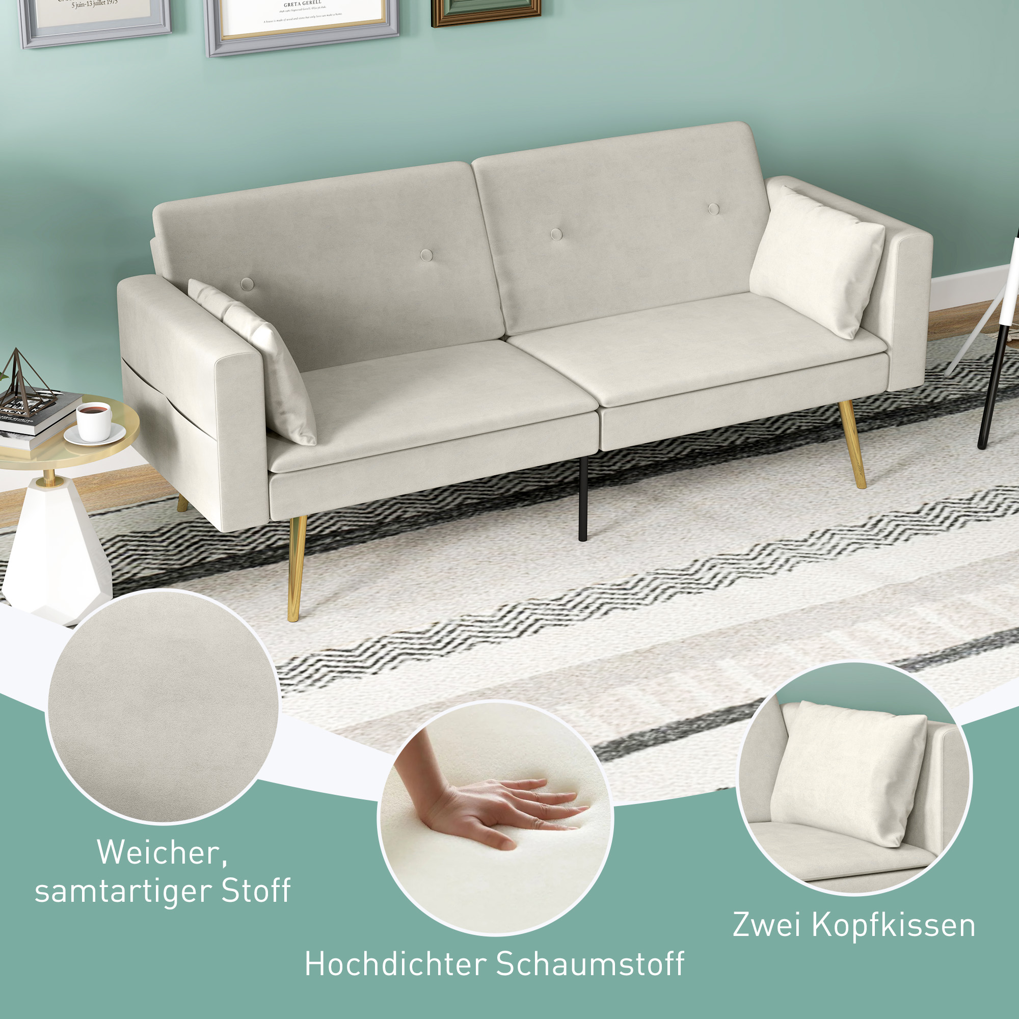 HOMCOM Tweezits Bedbank, Verstelbare Rugleuning, Zachte Kussens, Fluweelachtige Bekleding, voor Woonkamer, Gastenkamer, Beige