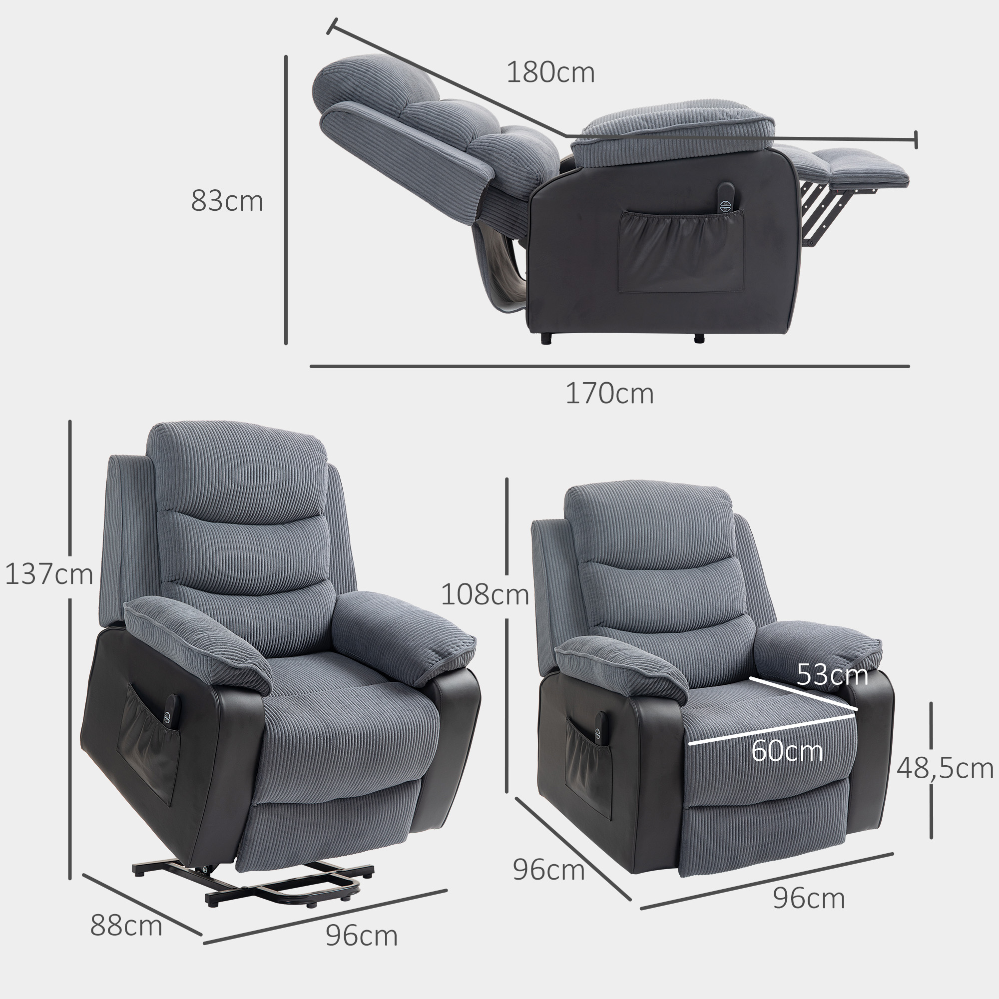 HOMCOM Opsta-fauteuil met Zacht Corduroy Bekleding, Recliner-Stoel met Afstandsbediening en Zijvakken, Donkergrijs