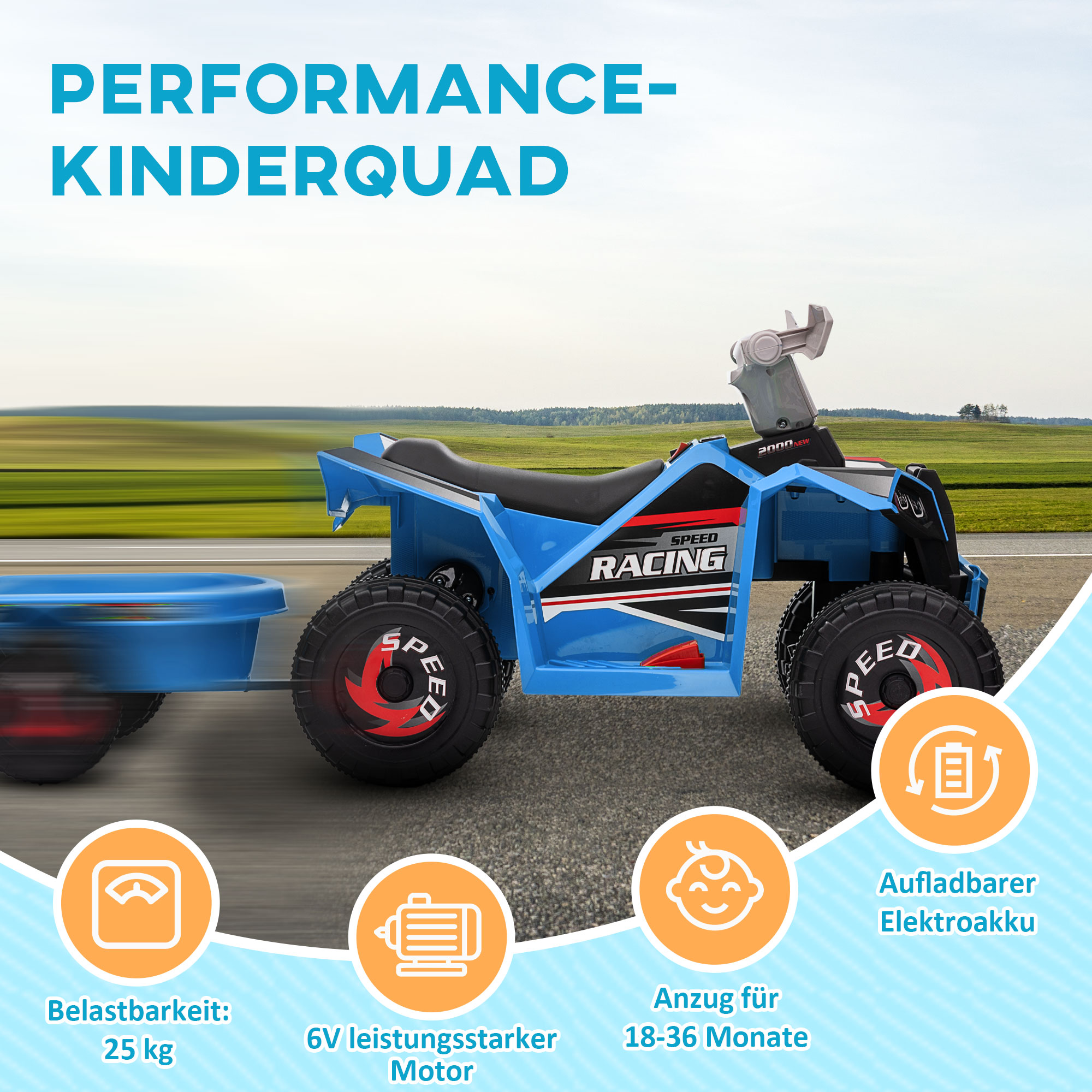 HOMCOM Kinderquad 2,5 km/h met aanhanger 50 minuten rijtijd achteruitversnelling metaal blauw