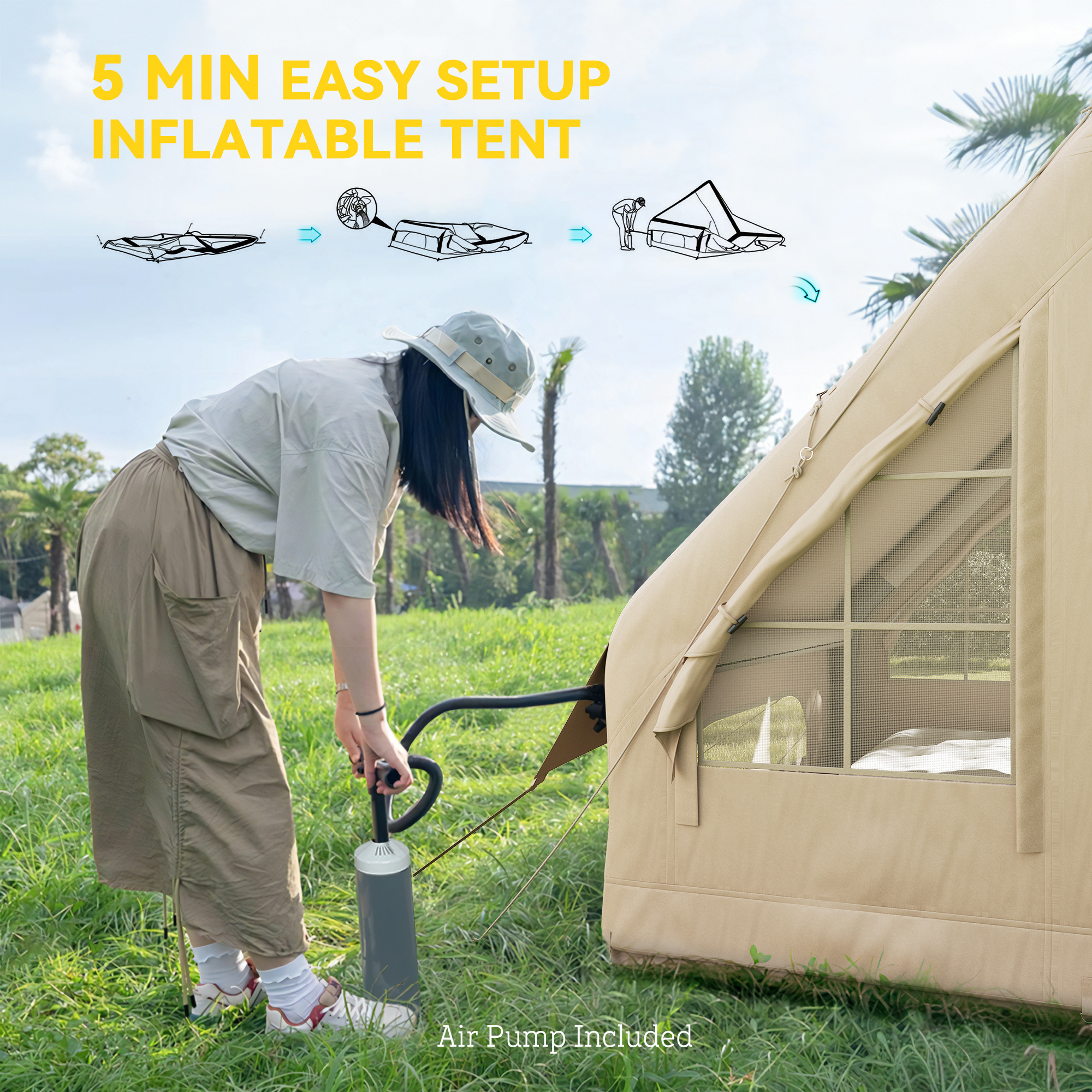 Outsunny Opblaasbare Campingtent, Slaaptent, Oxford-Stof, Netramen, Waterdicht
