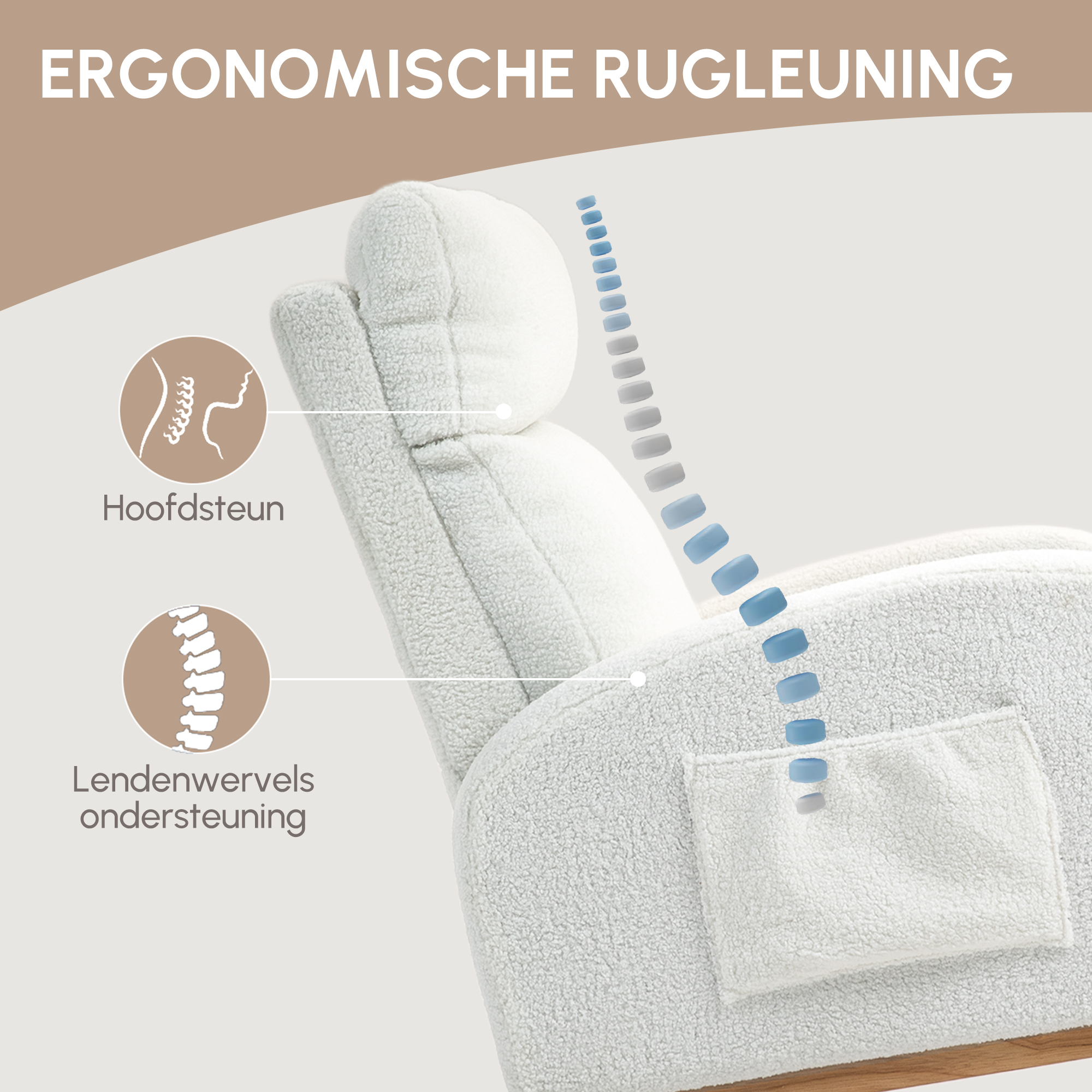 HOMCOM Schommelstoel, Relaxstoel, Dikke Vulling, Knusse Bekleding, Houten Frame, tot 120 kg Draagvermogen, Crèmewit