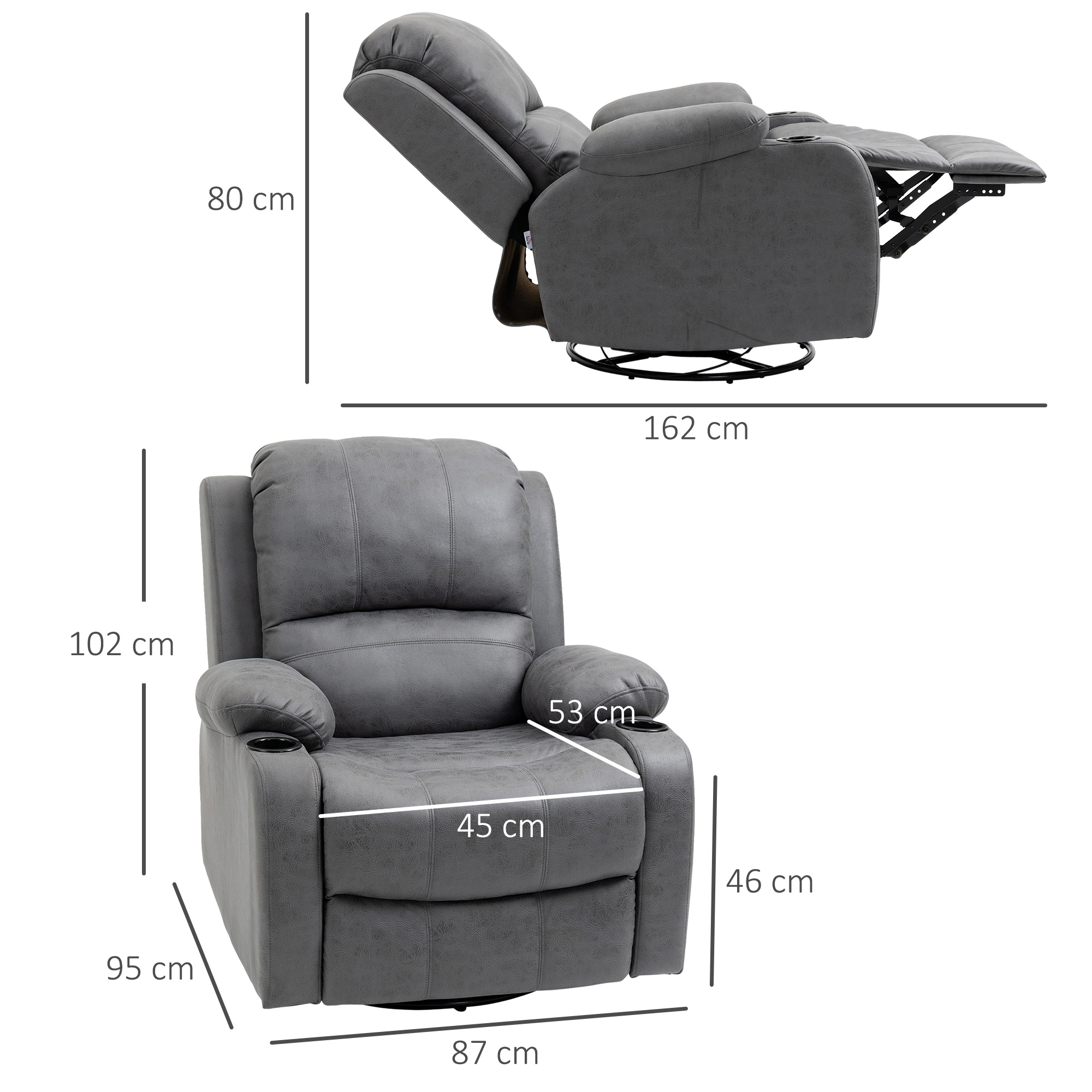 HOMCOM Fauteuil met voetsteun en ligfunctie, incl. bekerhouder, tv-fauteuil, grijs