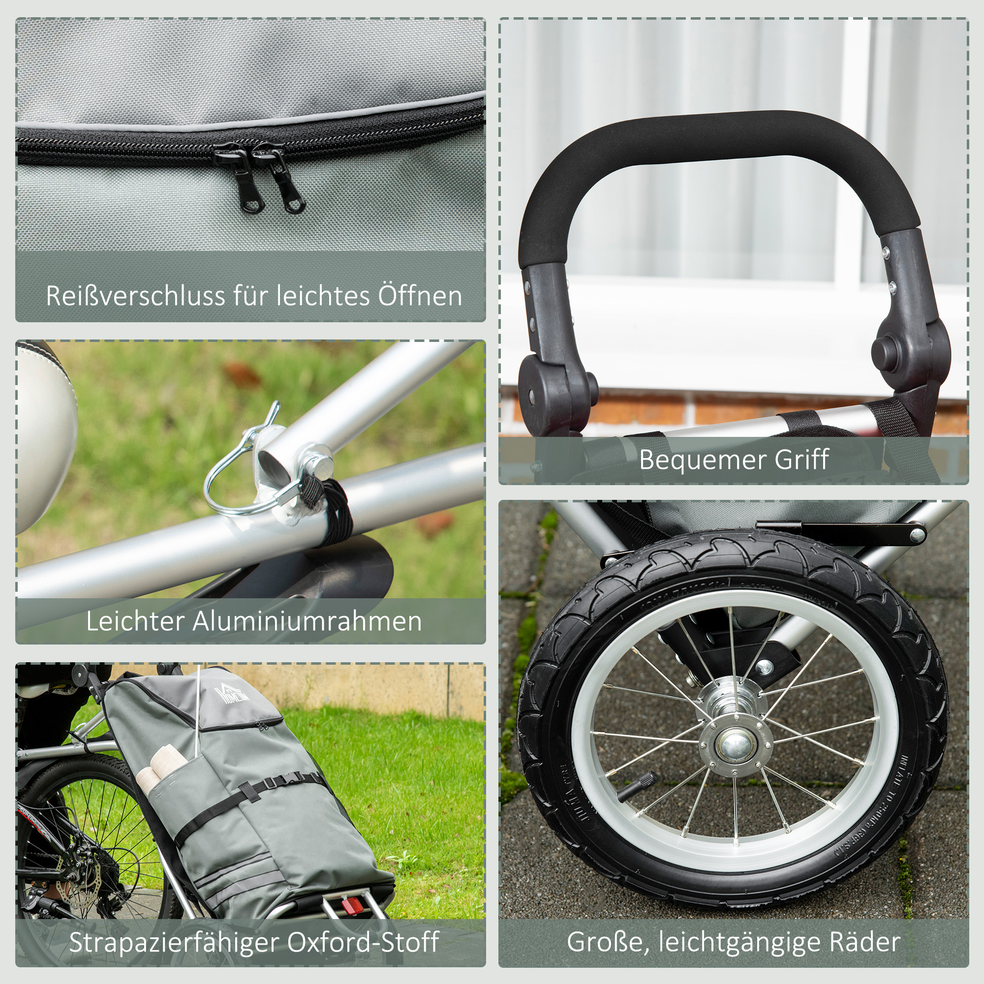 HOMCOM 3-in-1 Boodschappentrolley Winkelwagen Fietsaanhanger Steekwagen, 53 x 43 x 110cm, Grijs+Zilver