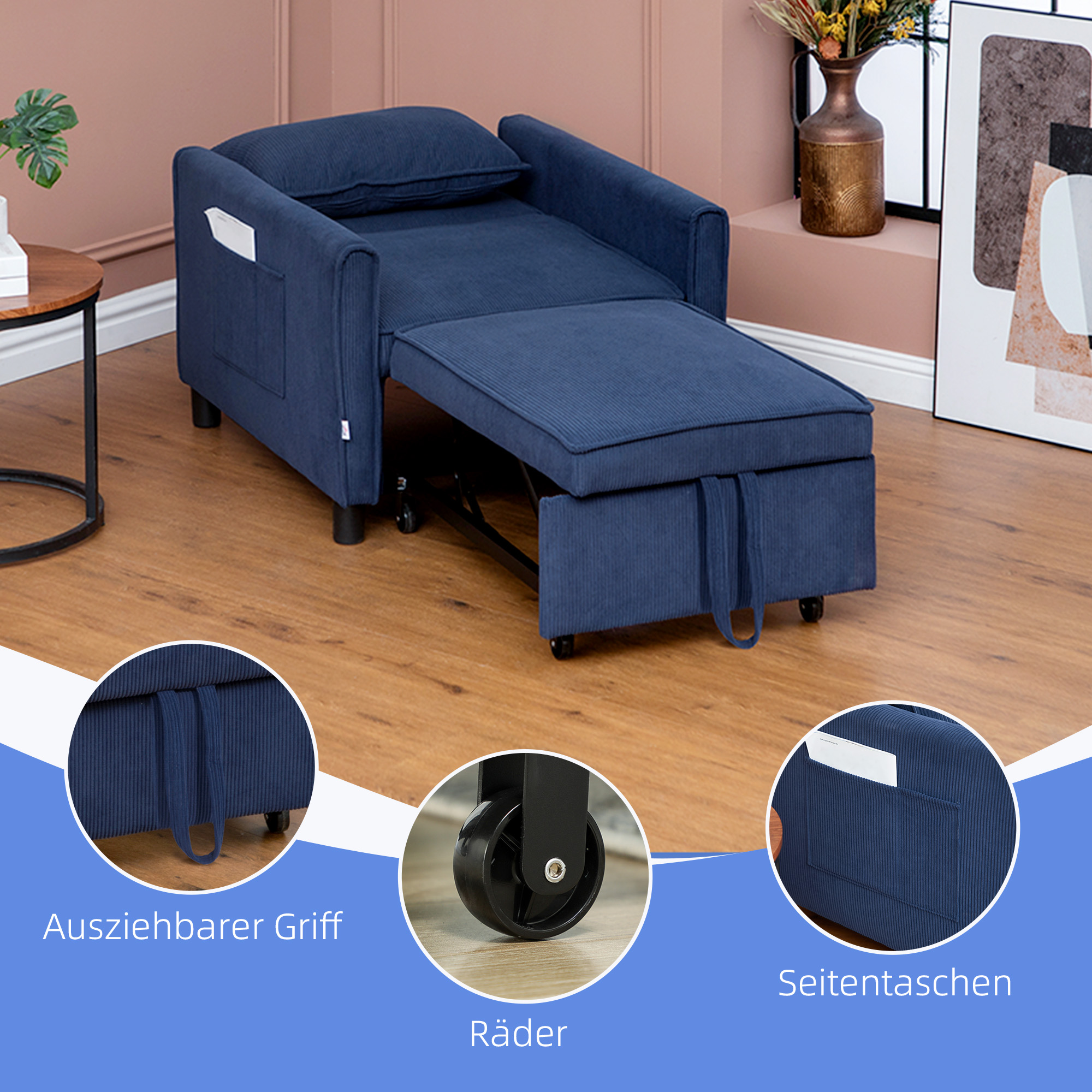 HOMCOM Slaapfauteuil, Verstelbaar, 3 Posities, Corduroy Bekleding, tot 120 kg, Blauw