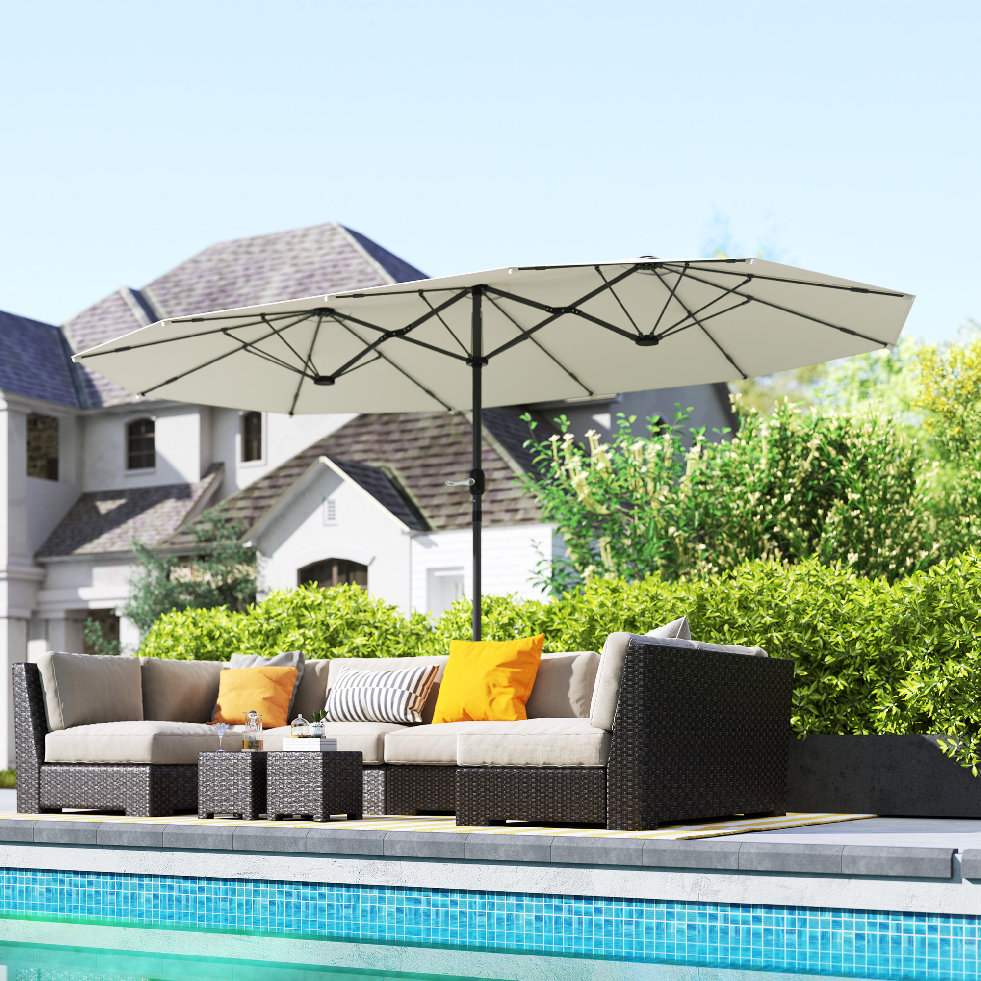 Outsunny Dubbelzijdige Parasol 436 x 260 cm met UV-bescherming en Handzwengel, Beige