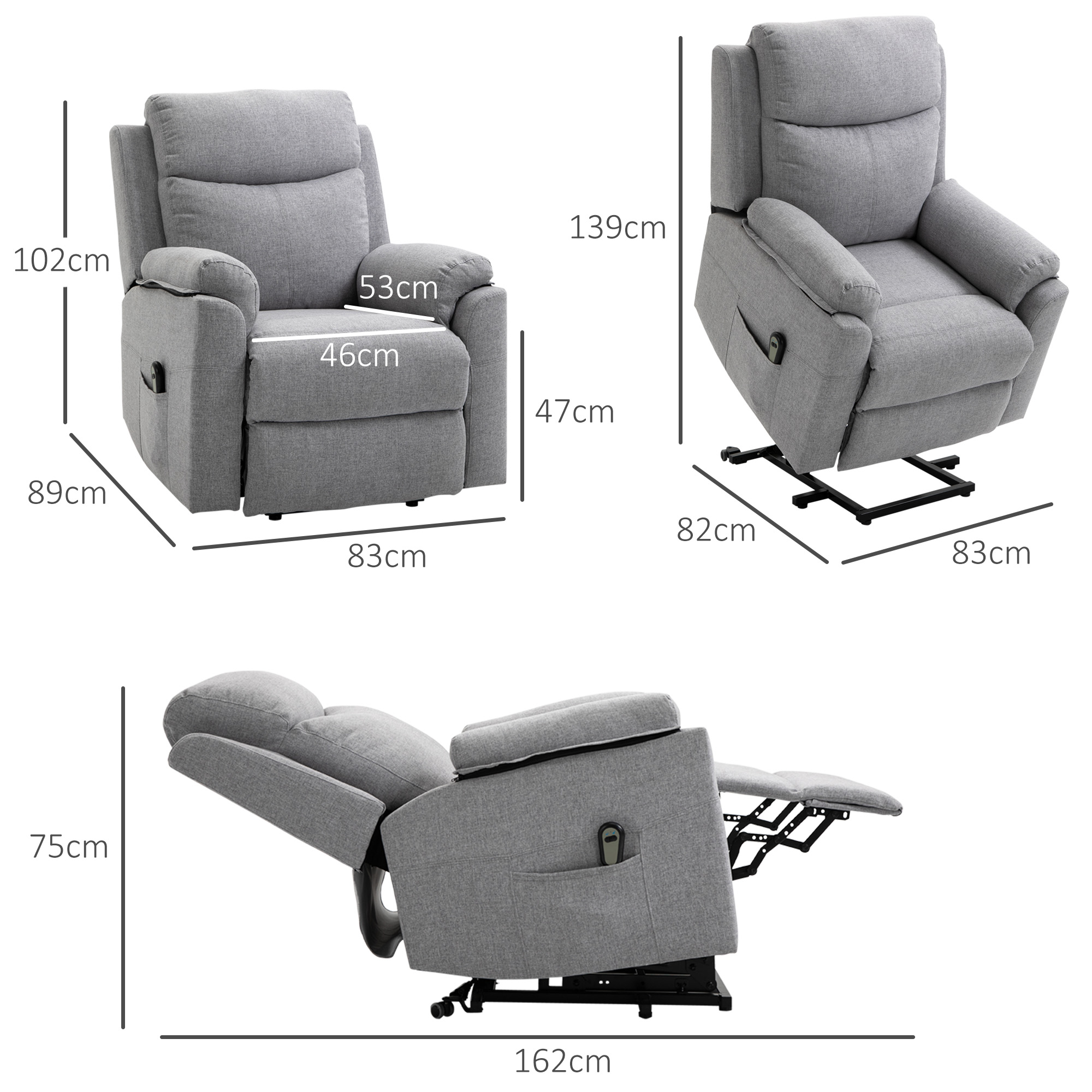 HOMCOM Opstaanfauteuil met Massage voor Senioren, 83 cm x 89 cm x 102 cm, Grijs