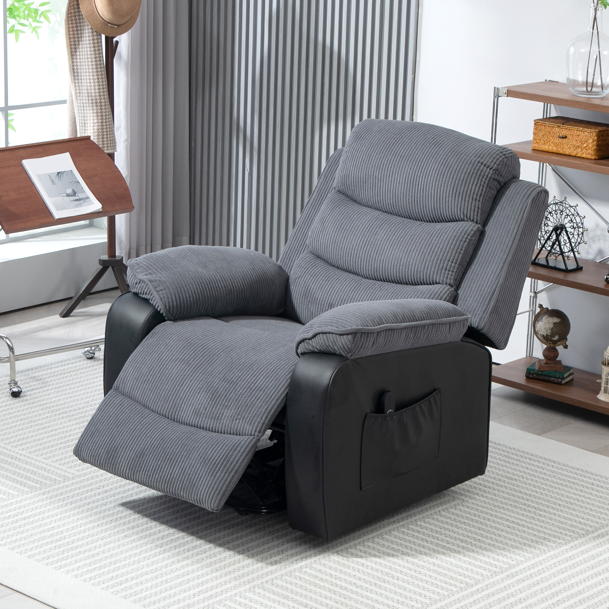 HOMCOM Opsta-fauteuil met Zacht Corduroy Bekleding, Recliner-Stoel met Afstandsbediening en Zijvakken, Donkergrijs