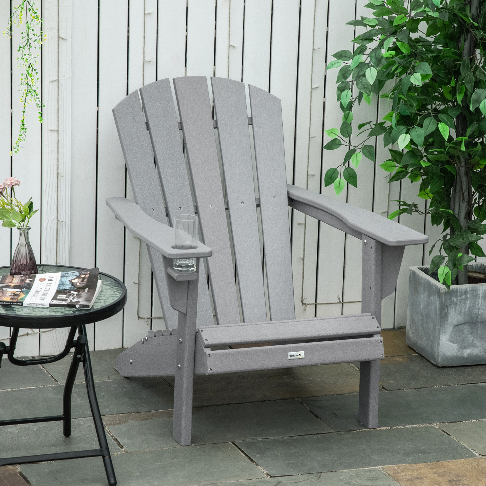 Outsunny Adirondack Stoel Kunststof 75x87x90cm,met Bekerhouder, Grijs
