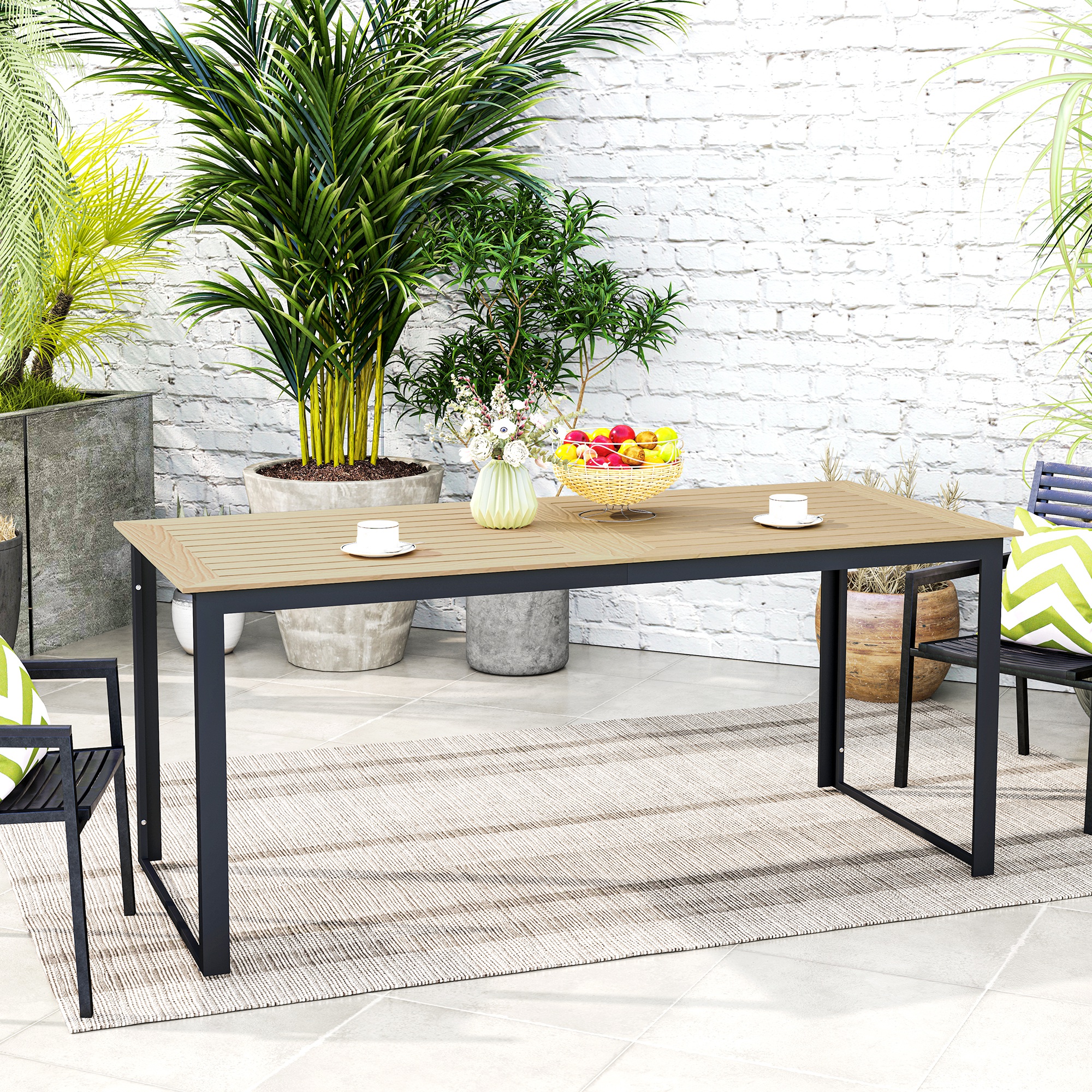 Outsunny Tuintafel Metaal 175x78 cm Weerbestendig Balkontafel met Houtlook, Anti-slip Eettafel Zwart