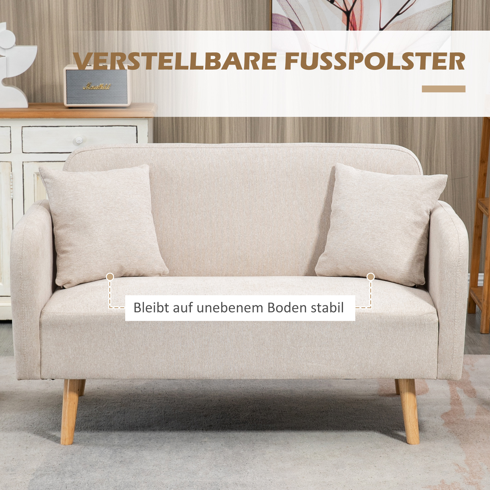 HOMCOM 2-zitsbank, Moderne Design Bank, inclusief 2 kussens, houten poten, 130 x 70 x 80 cm, Crème