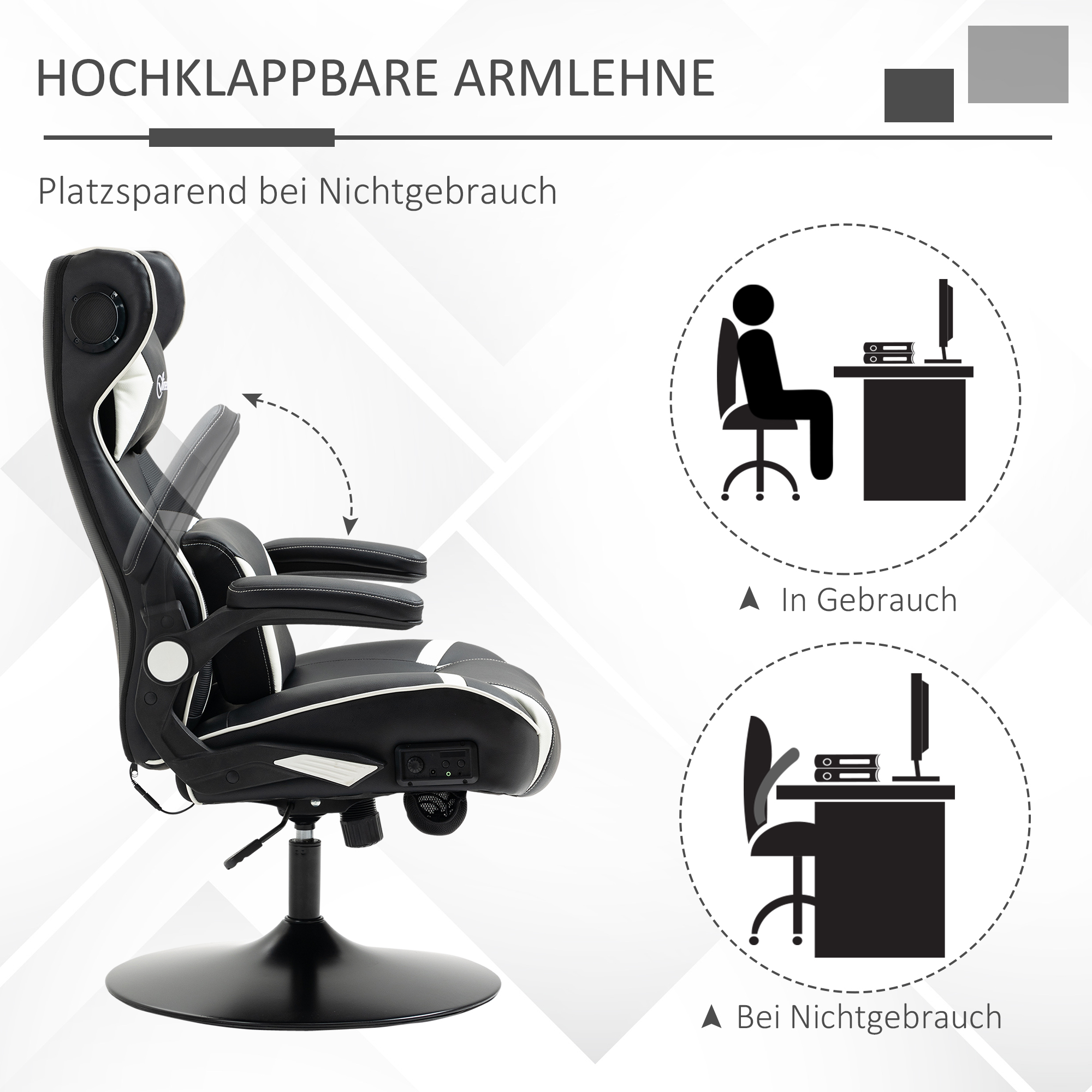Vinsetto gamestoel, gamestoel, geïntegreerde luidsprekers, verstelbare rugleuning, zwart+wit, 69 x 73 x 118 cm