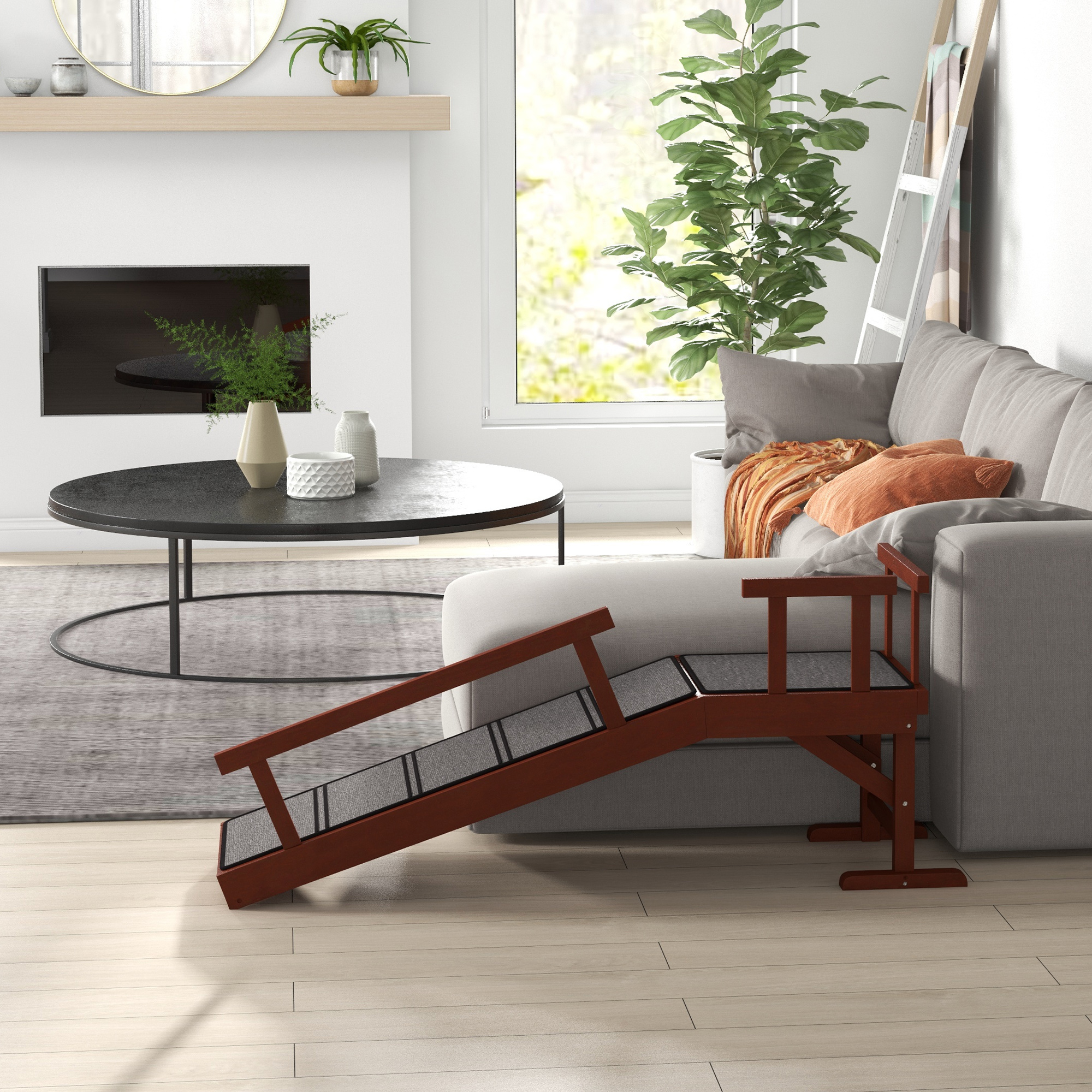 PawHut Huisdierloopplank, Afneembare Leuningen, Antislip, Grenenhout, tot 30 kg, 125x40x56cm, Bruin/Grijs