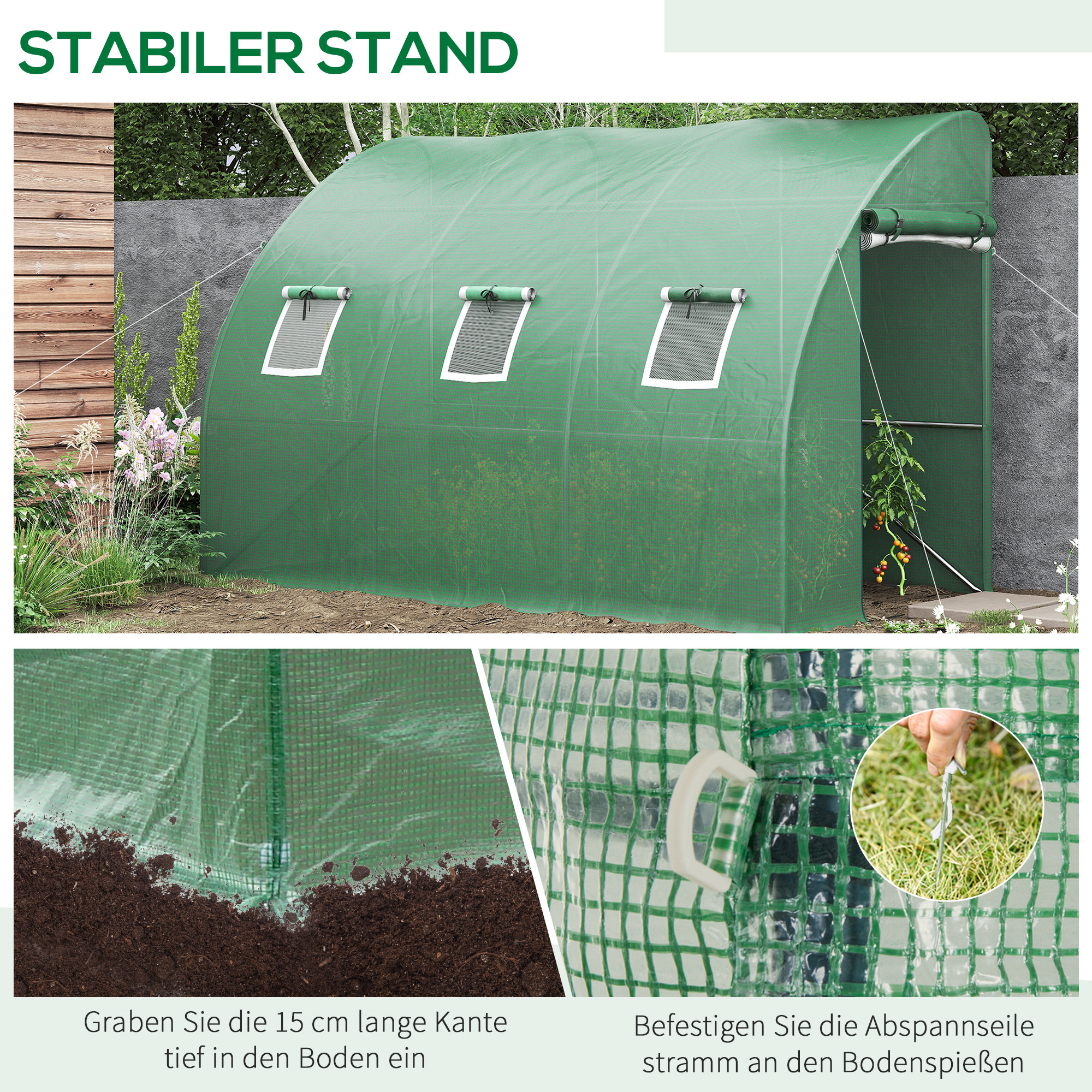 Outsunny foliekas, tomatenkas met gaasvenster, kas met roldeuren, kwekerij met UV-bescherming, groen, 300 x 150 x 197 cm