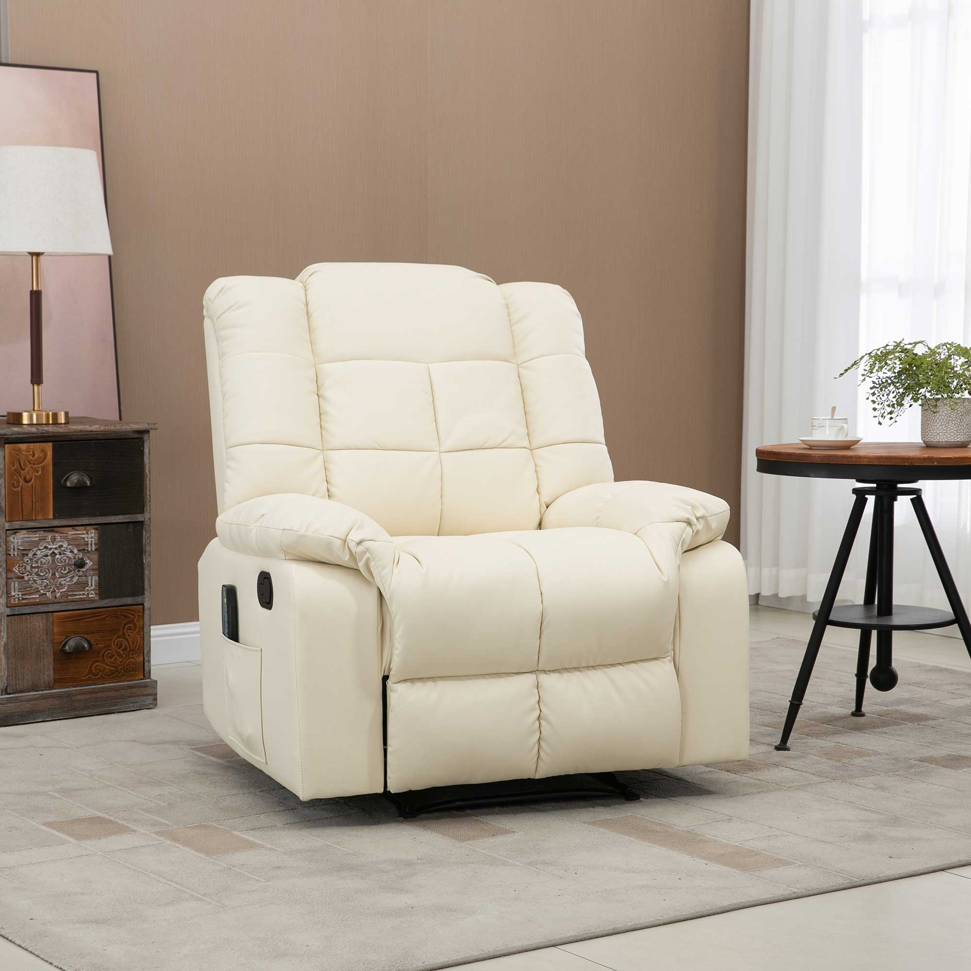 HOMCOM massagestoel, fauteuil, 8 trillingspunten, ligfunctie, kunstleer, roomwit, 94x99x99cm
