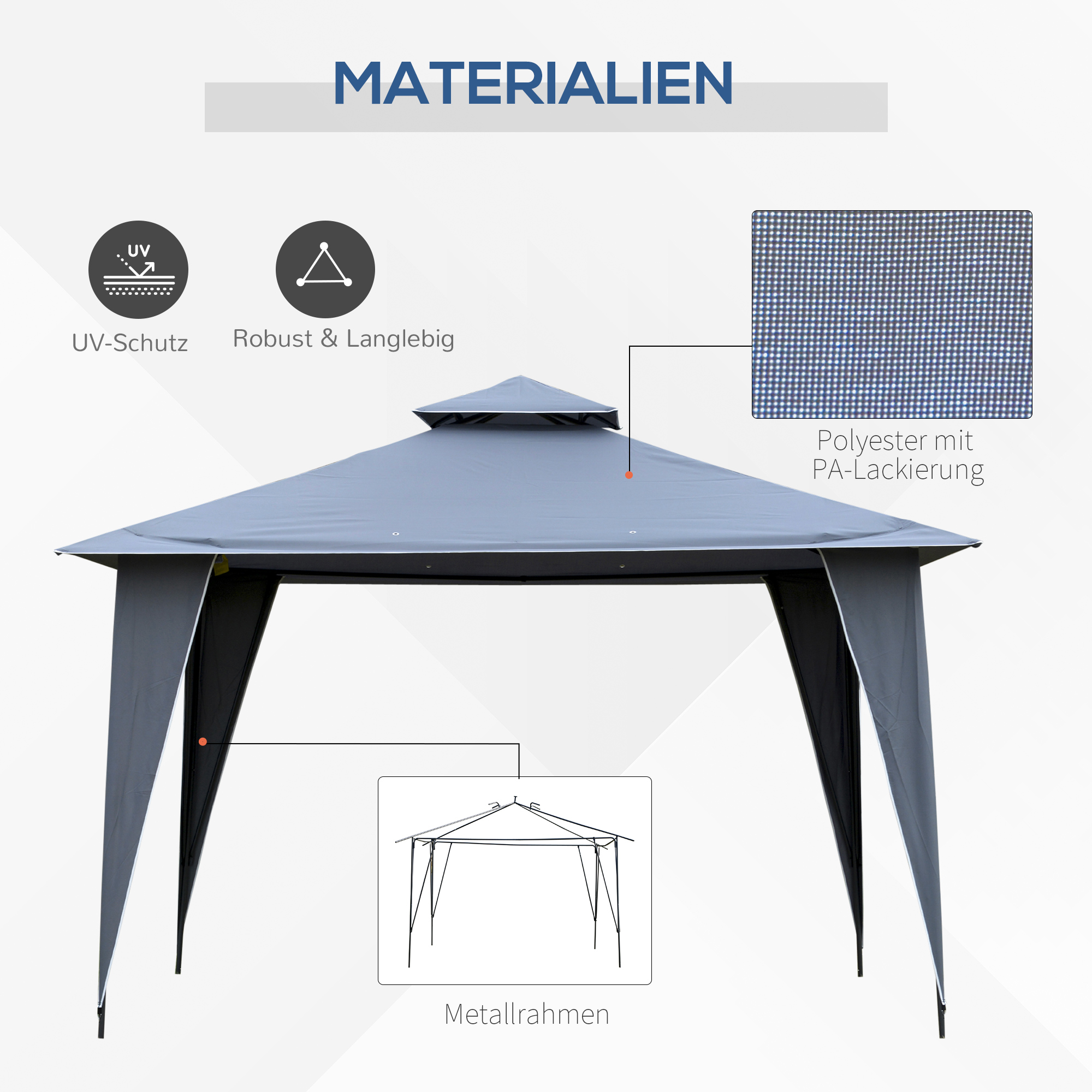 Outsunny dubbel dak tuinhuisje, metalen frame, grijs, 3,5 x 3,5 x 2,7 m