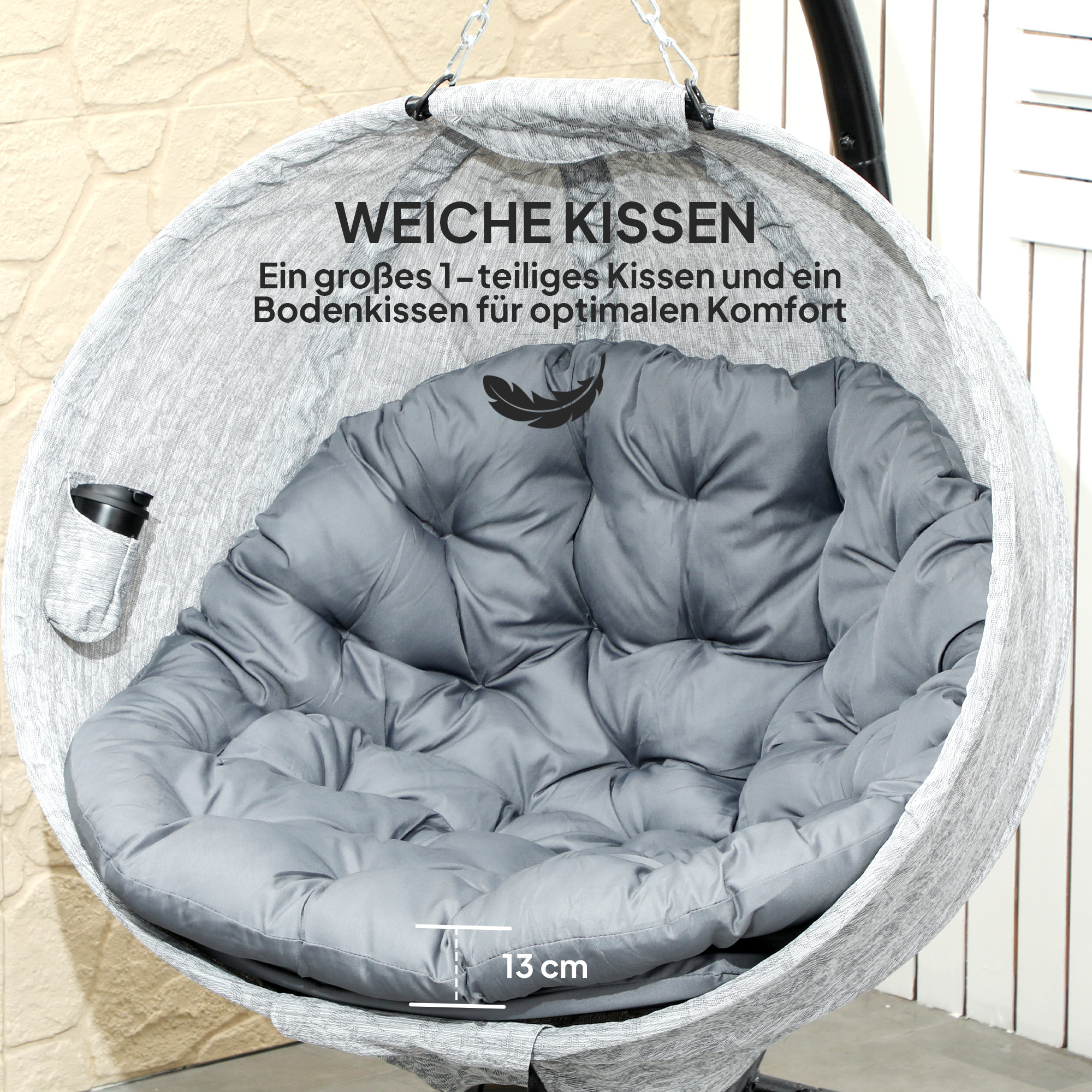 Outsunny Ei-vormige Hangmand, Hangstoel met Schommelfunctie en Opvouwbare Mand, Tuinstoel, Bekerhouder, Grijs