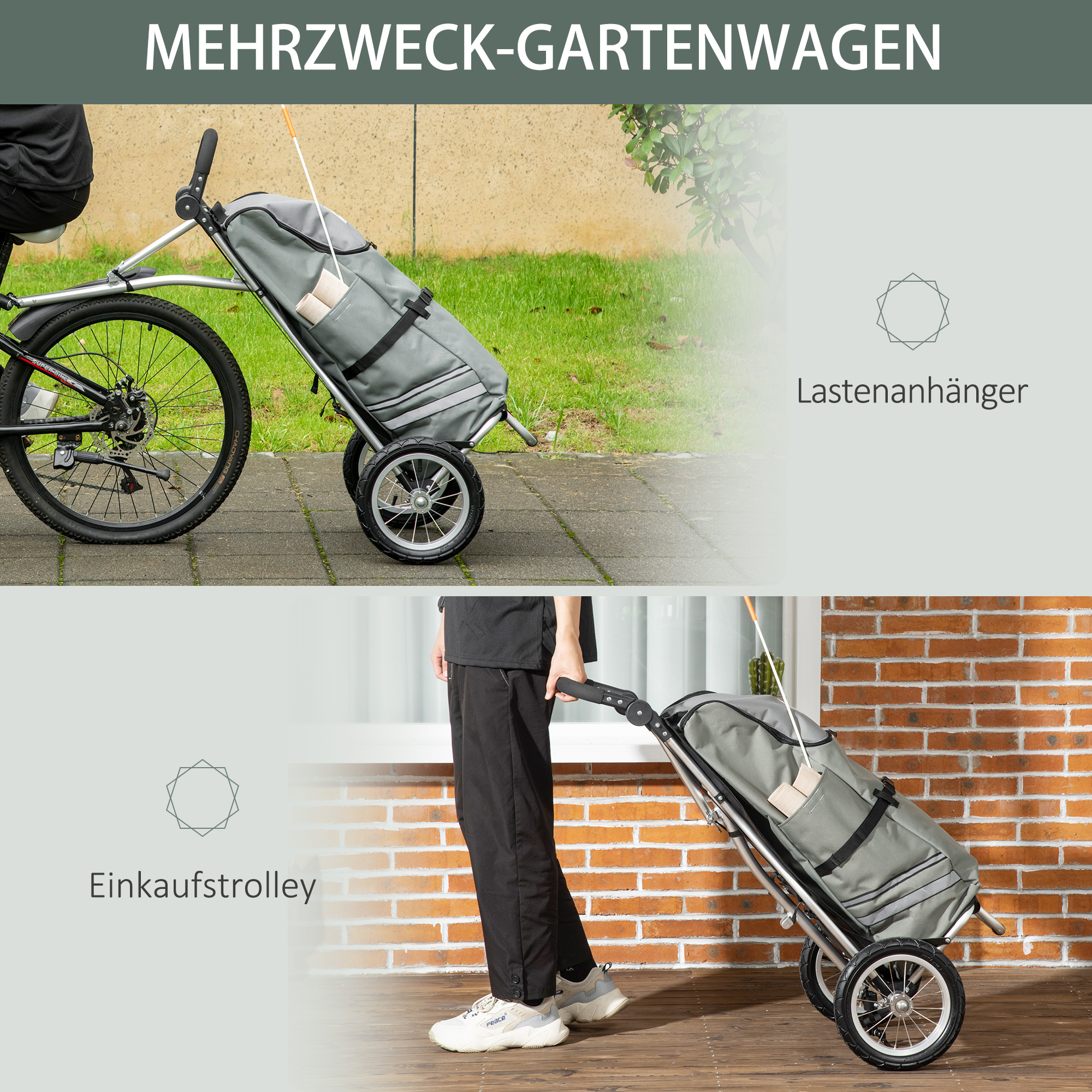 HOMCOM 3-in-1 Boodschappentrolley Winkelwagen Fietsaanhanger Steekwagen, 53 x 43 x 110cm, Grijs+Zilver