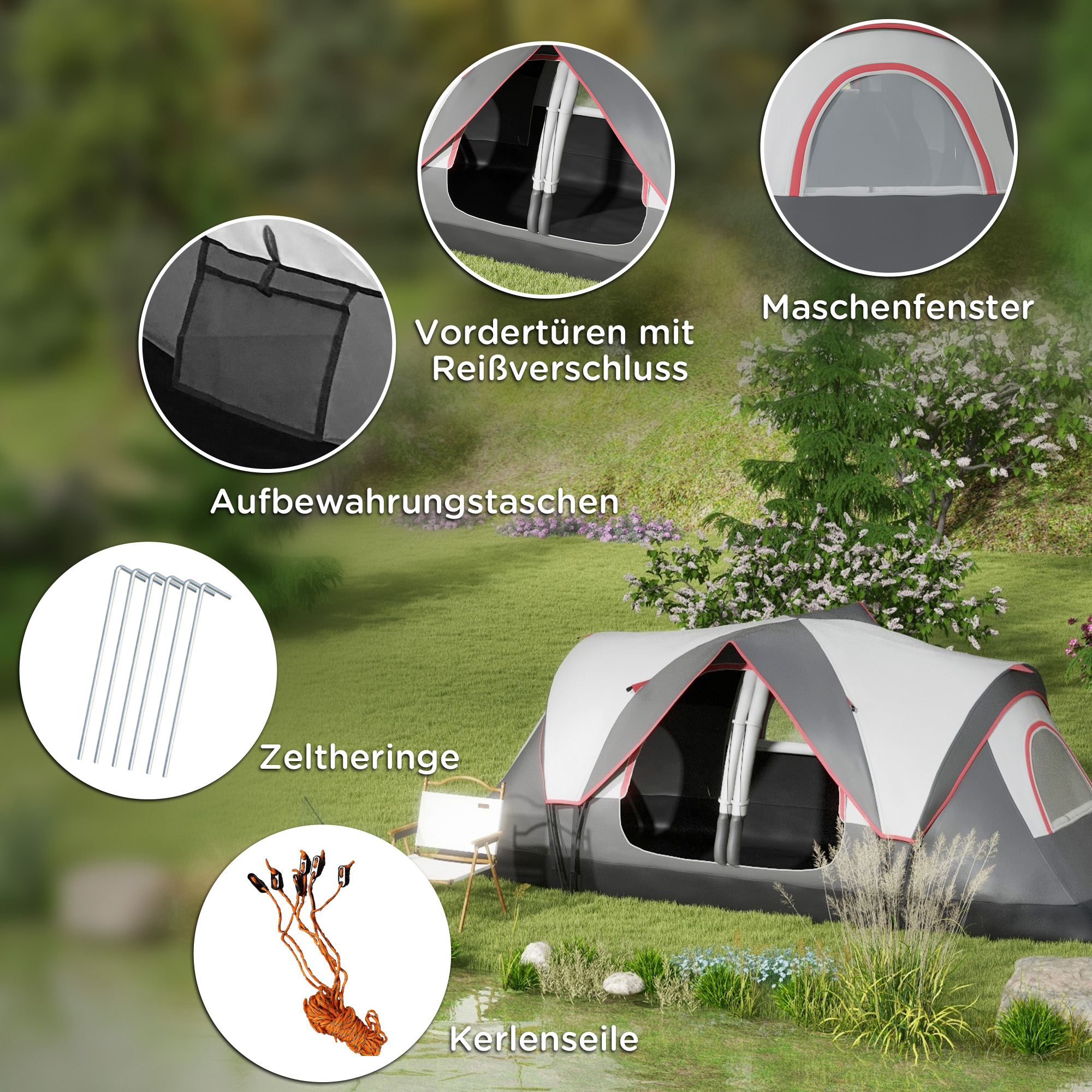 Outsunny Campingtent, 2 Kamers, Scheidingswand, voor 6 Personen, Regenbescherming, Grijs