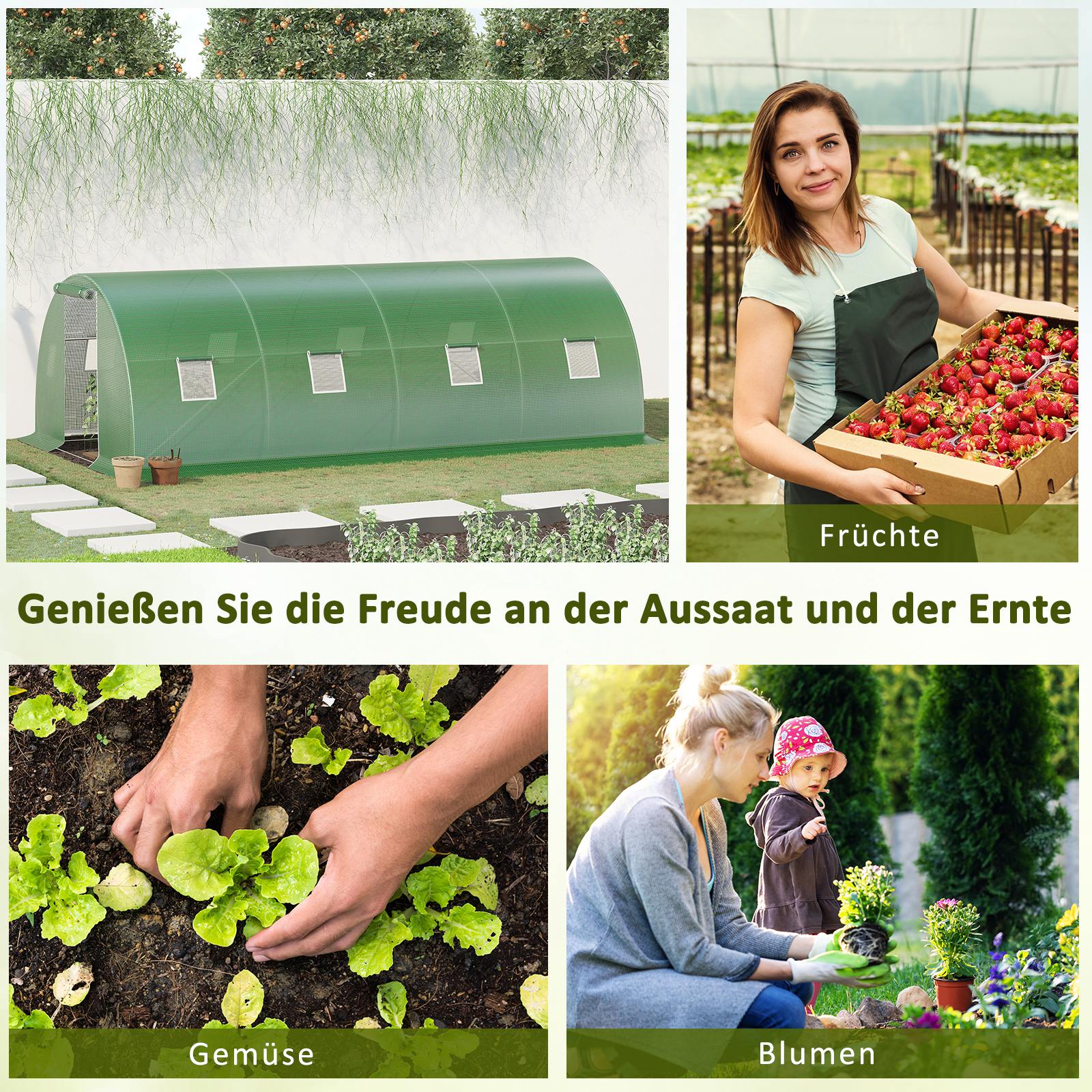 Outsunny Kas met folie, loopbaar, 8 ramen met vliegengaas, stevige folie, stalen frame, 6 x 3 x 2 m, groen