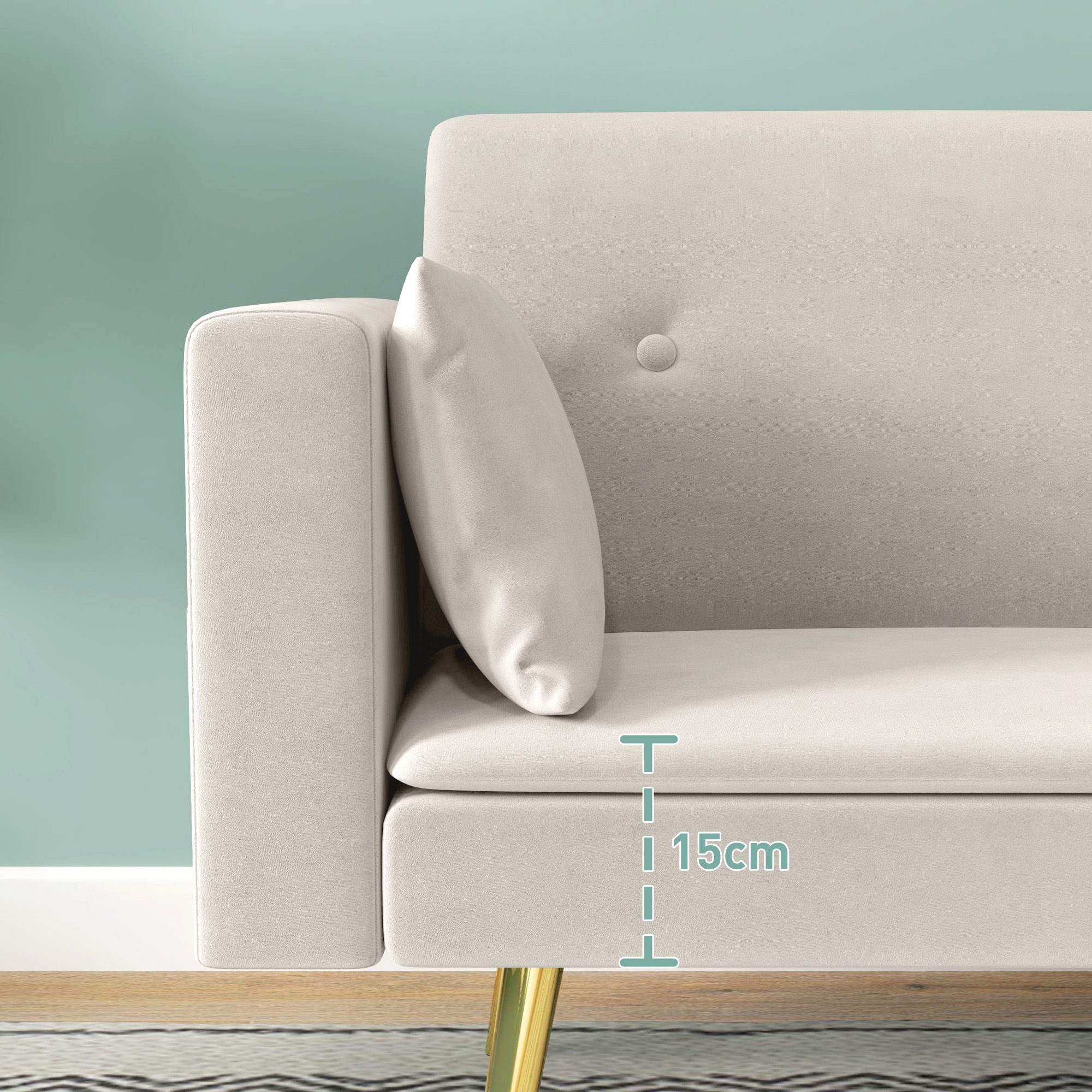 HOMCOM Tweezits Bedbank, Verstelbare Rugleuning, Zachte Kussens, Fluweelachtige Bekleding, voor Woonkamer, Gastenkamer, Beige