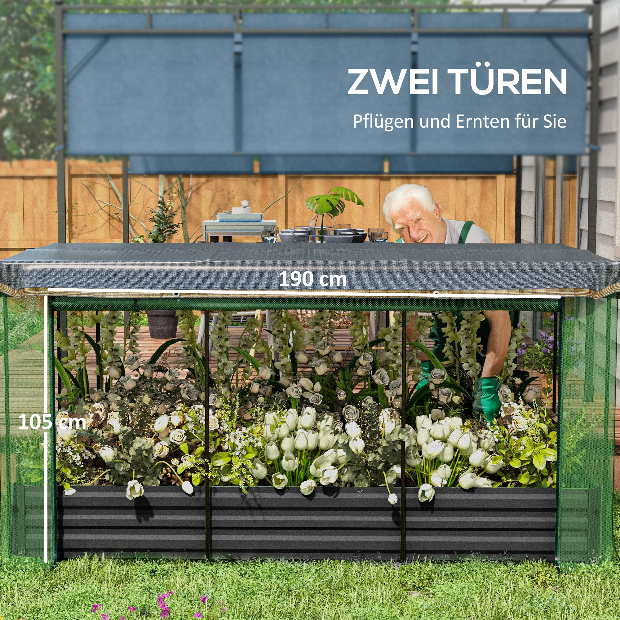 Outsunny Hoge plantenbak met vogelnet en zonnescherm, metalen behuizing, 230x110x110 cm, Grijs/Groen/Zwart