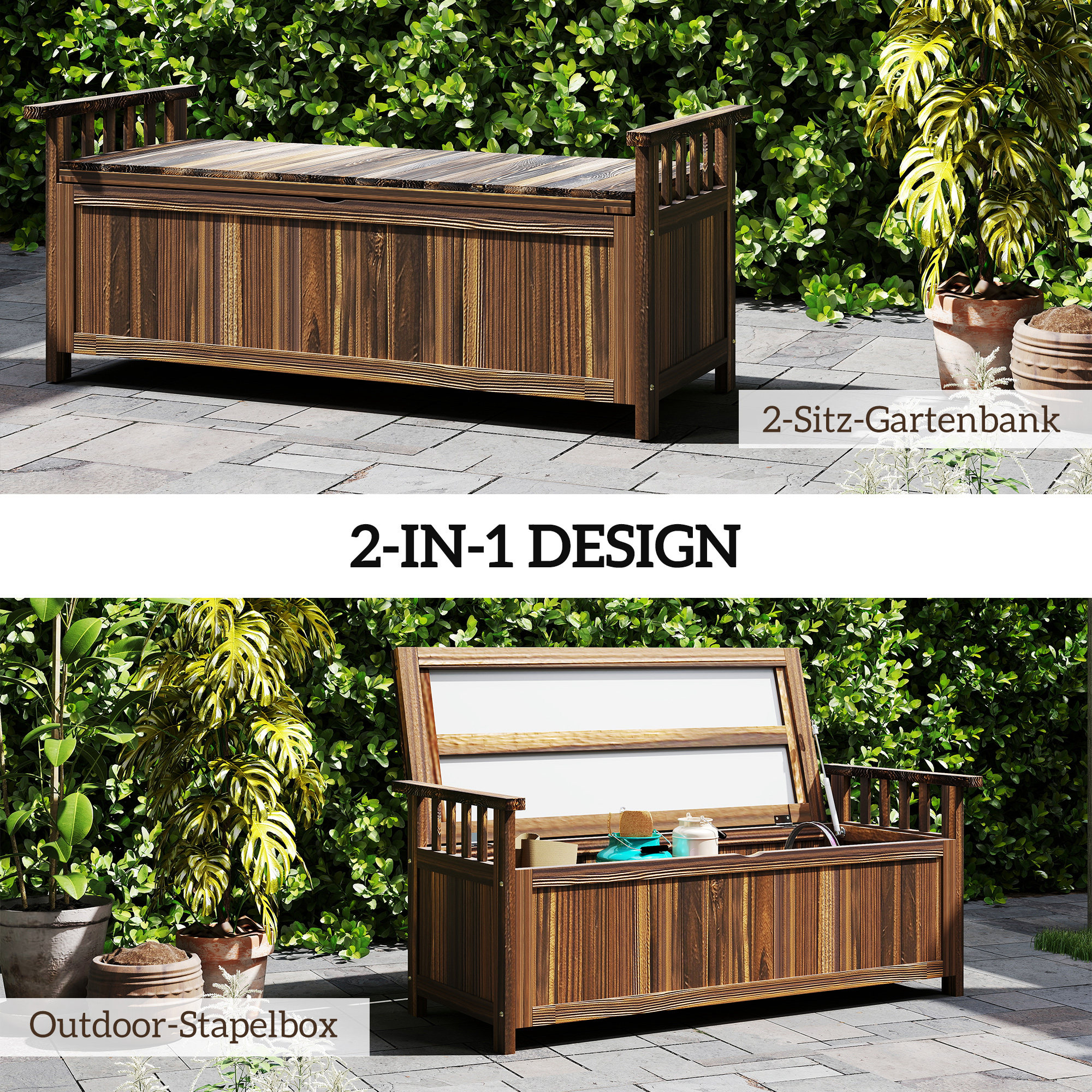 Outsunny 2-Zits Tuinbank van Hout met Weerbestendige Zitting, Tuinmeubilair met Opbergruimte en Armleuningen 128,5 x 56 x 53,5cm, Verkoold