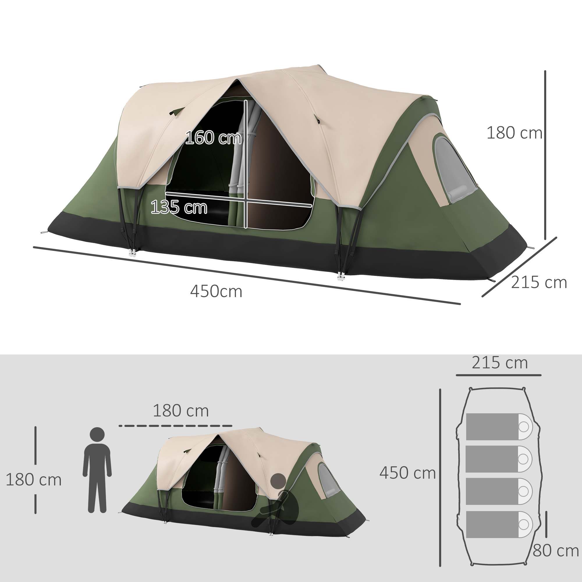 Outsunny Campingtent, 2 Ruimtes, Verwijderbare Scheidingswand, voor 6 Personen, Waterdicht, Donkergroen