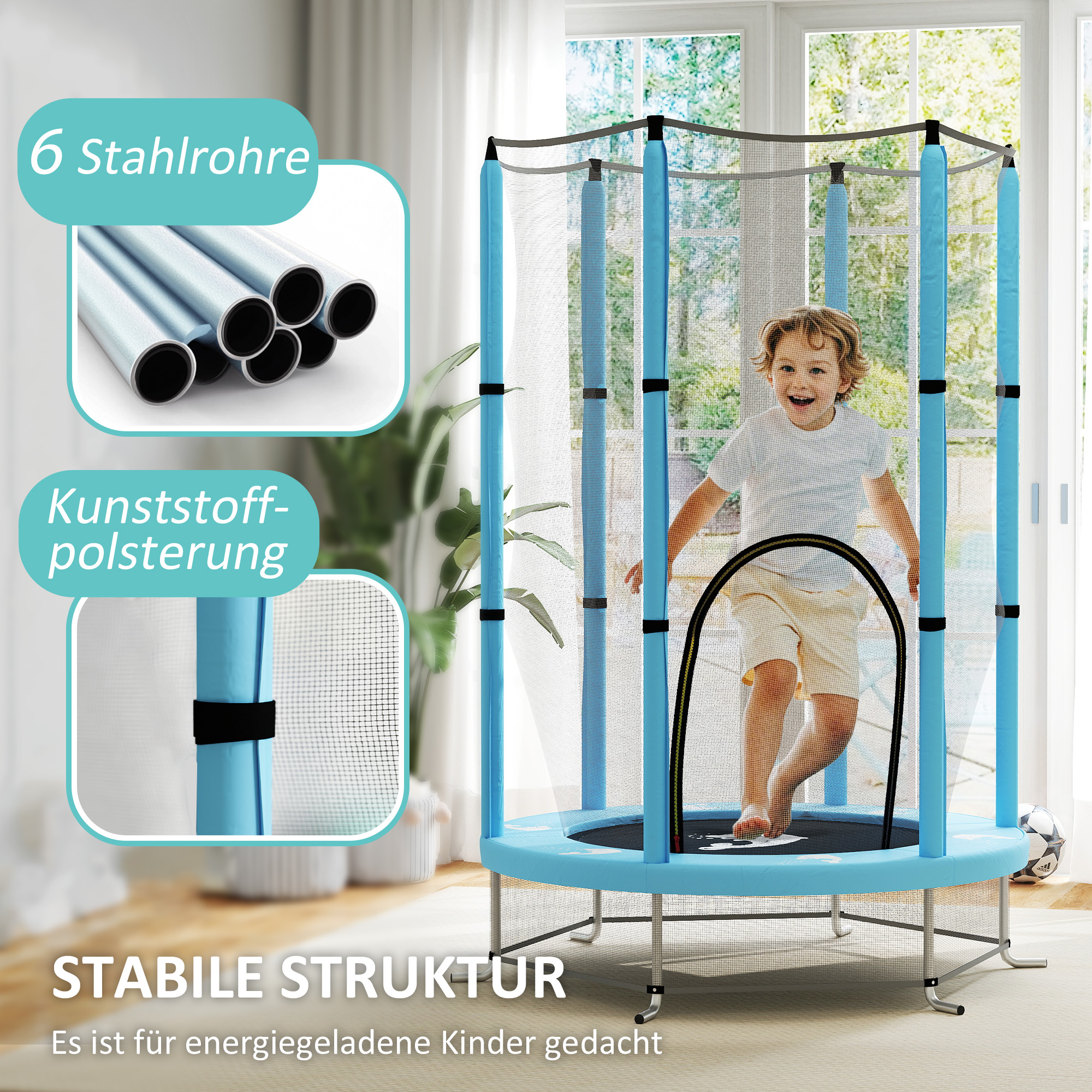 AIYAPLAY Kindertrampoline met Veiligheidsnet, Voor Binnen- en Buitengebruik, 3-6 Jaar, Lichtblauw