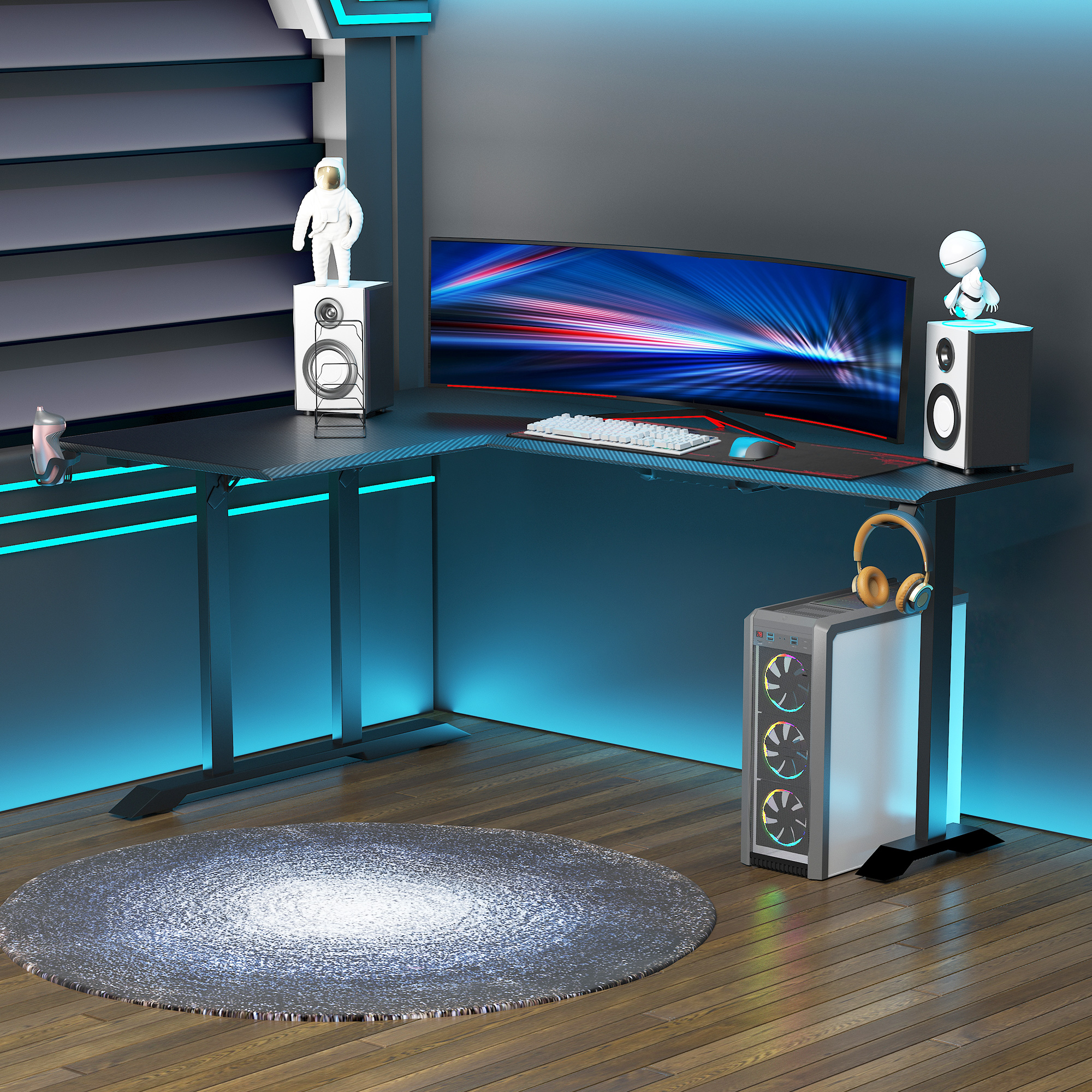 HOMCOM gaming-tafel bureau L-vormig met koptelefoonhaak bekerhouder computertafel metaal MDF zwart + rood 168 x 109 x 78 cm