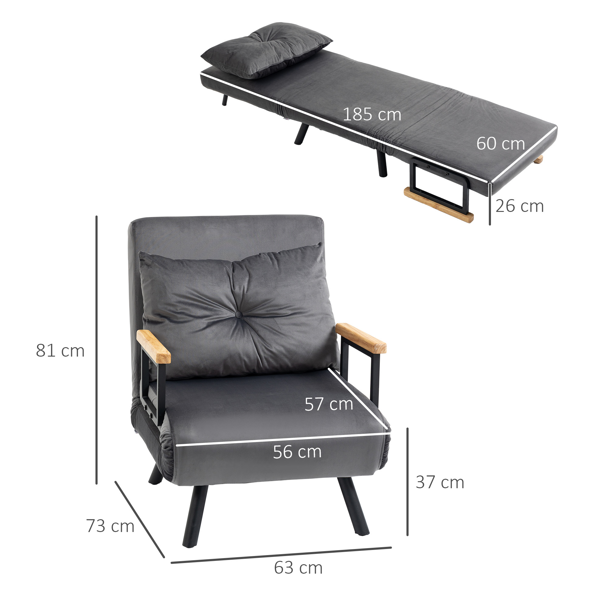 HOMCOM Lounge stoel in Scandinavisch design, ligstoel, leesstoel. Inclusief kussen met knoopsluiting, Donkergrijs