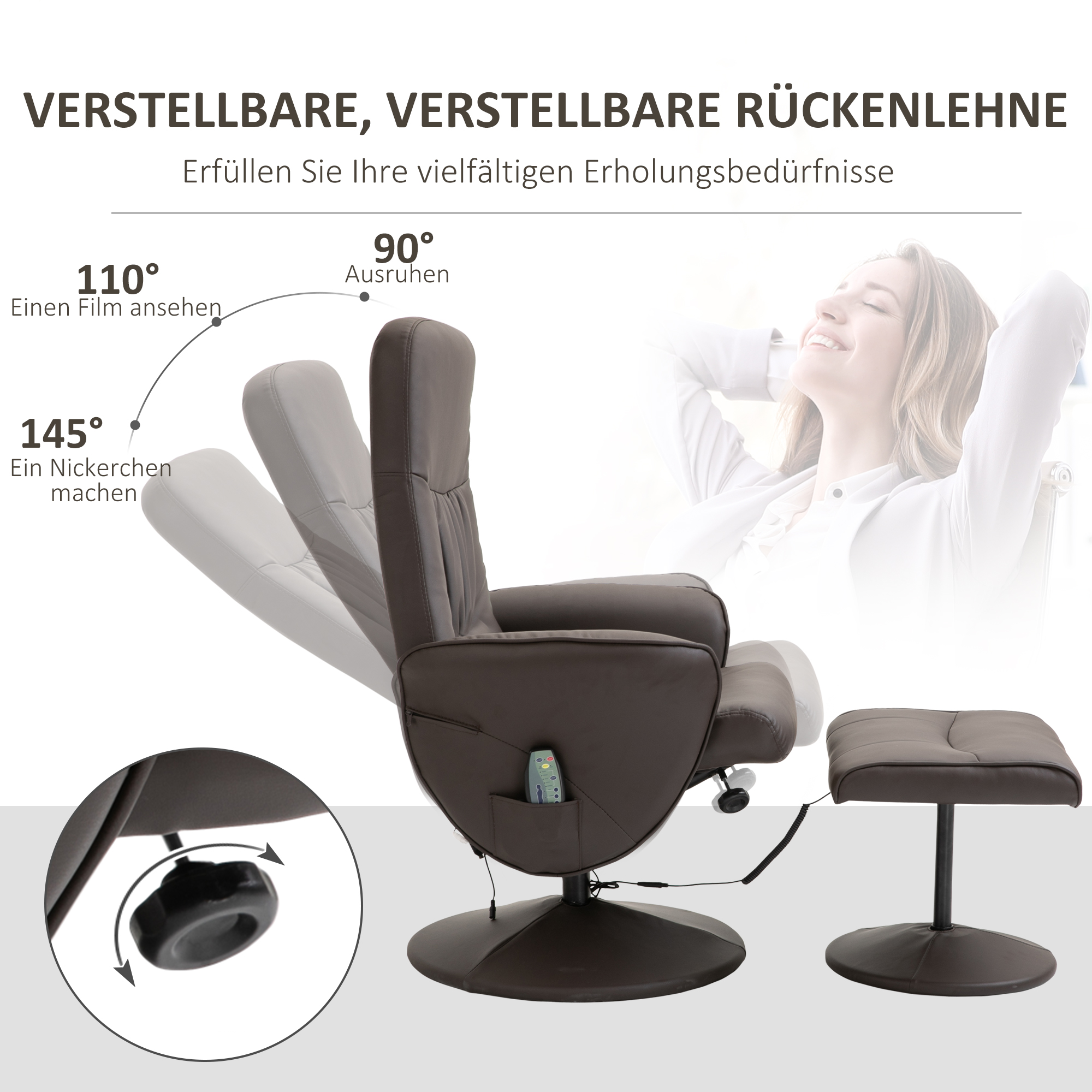 HOMCOM massagestoel met voetenbank 145° helling bruin