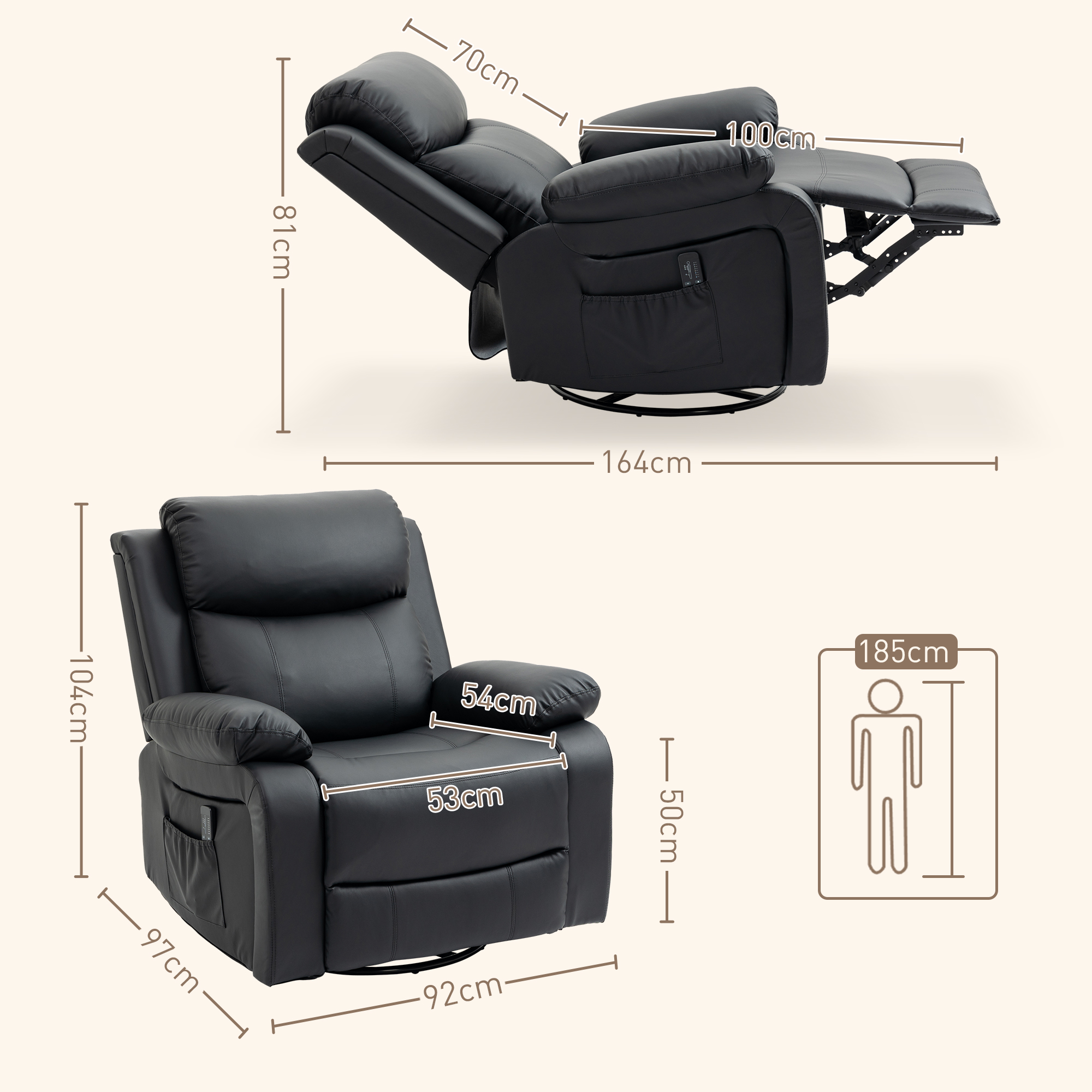 HOMCOM Massagestoel met 8 trillingskoppen, relaxfauteuil, verstelbare rugleuning en voetsteun, zwart