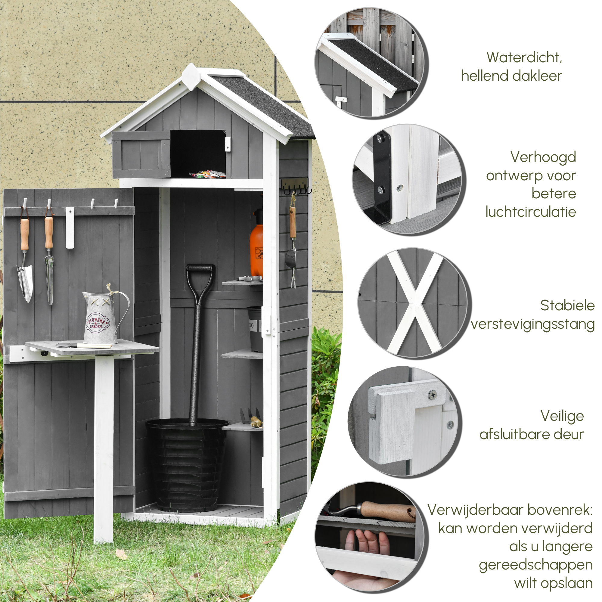 Outsunny gereedschapsschuur met deur dak gereedschapsschuur met haken tuinopbergkast klaptafel outdoor grijs vurenhout 78 x 52,5 x 182 cm