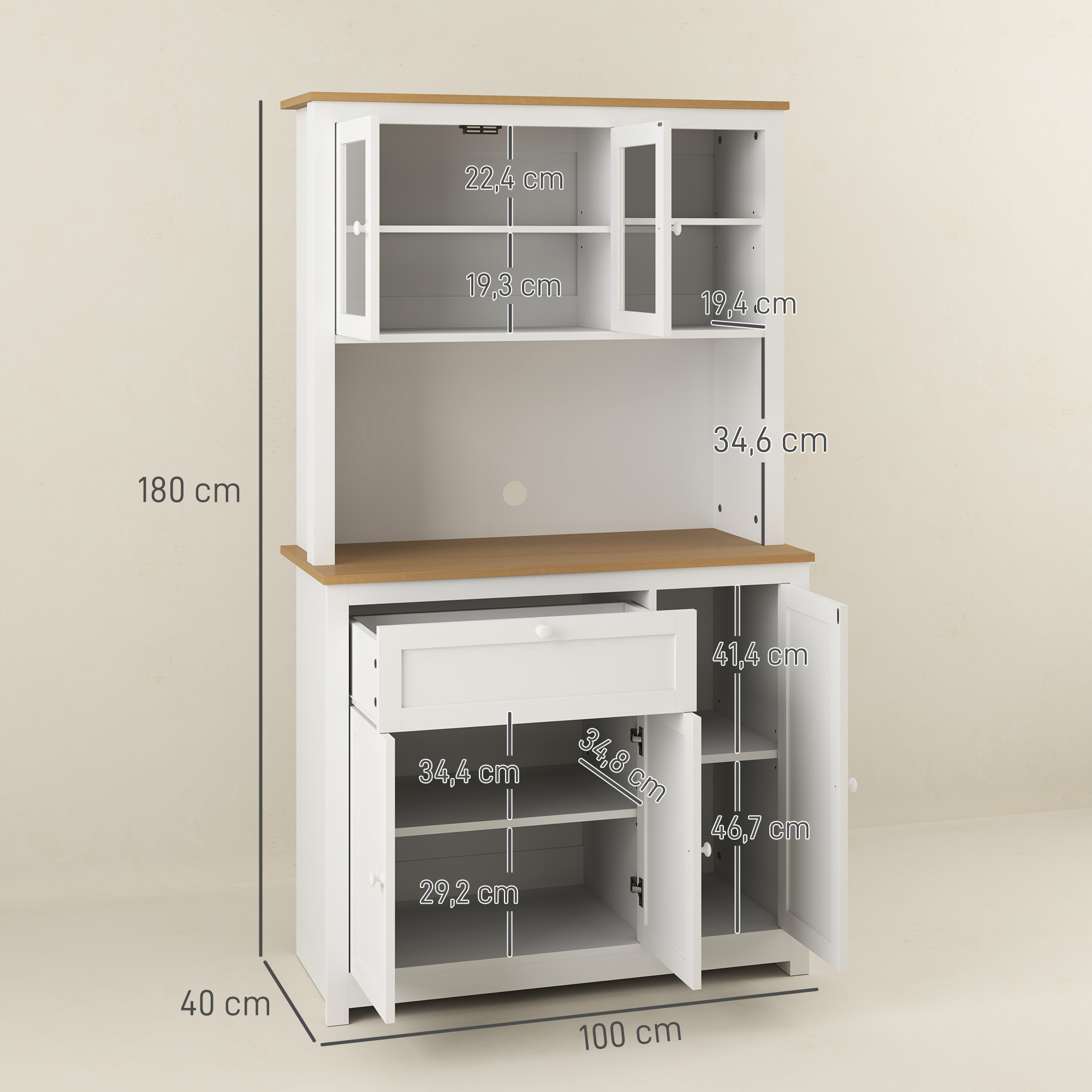HOMCOM Landhuisstijl Keukenkast, 1 Vitrine, 1 Open Schap, 1 Lade, 2 Kasten, Natuur + Wit