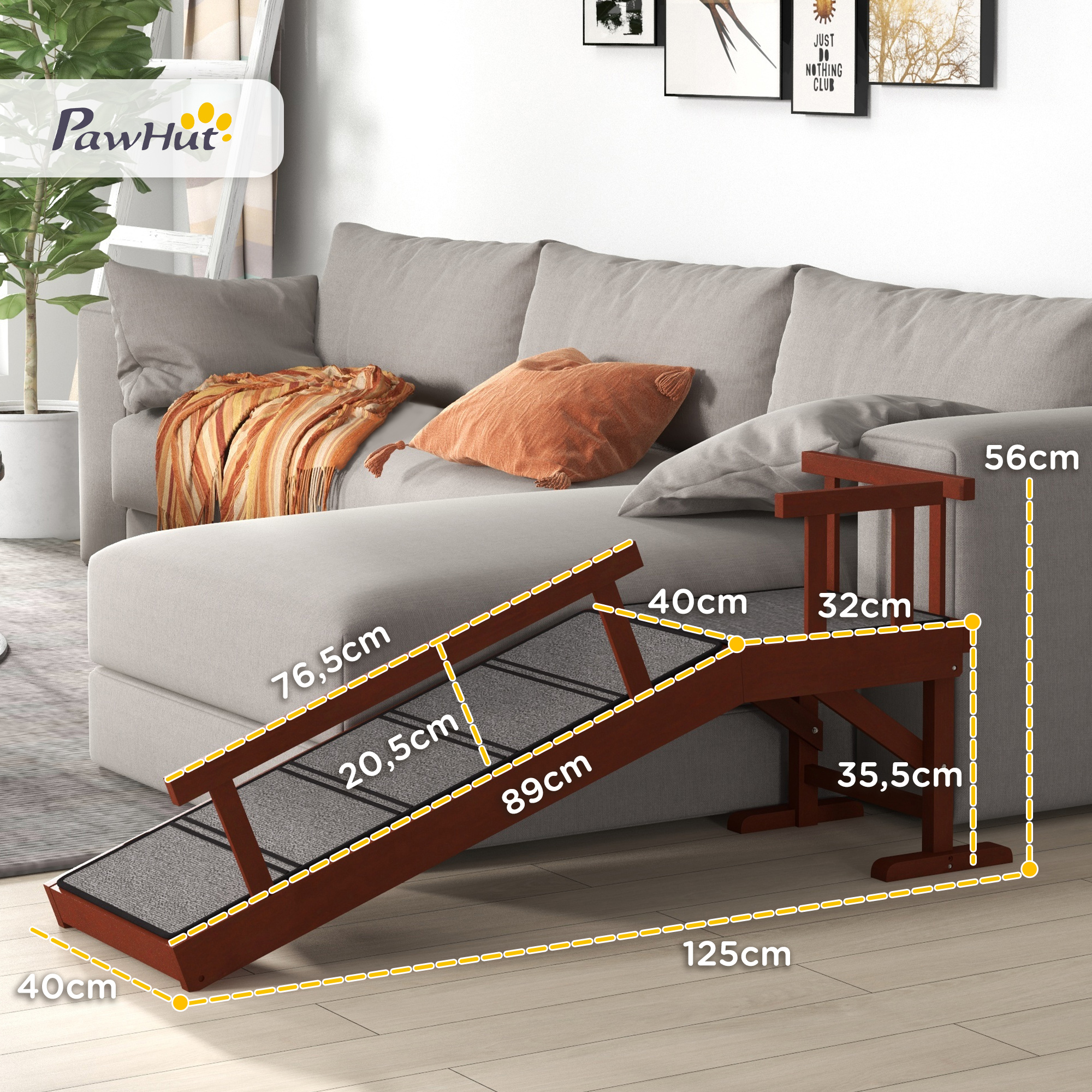 PawHut Huisdierloopplank, Afneembare Leuningen, Antislip, Grenenhout, tot 30 kg, 125x40x56cm, Bruin/Grijs