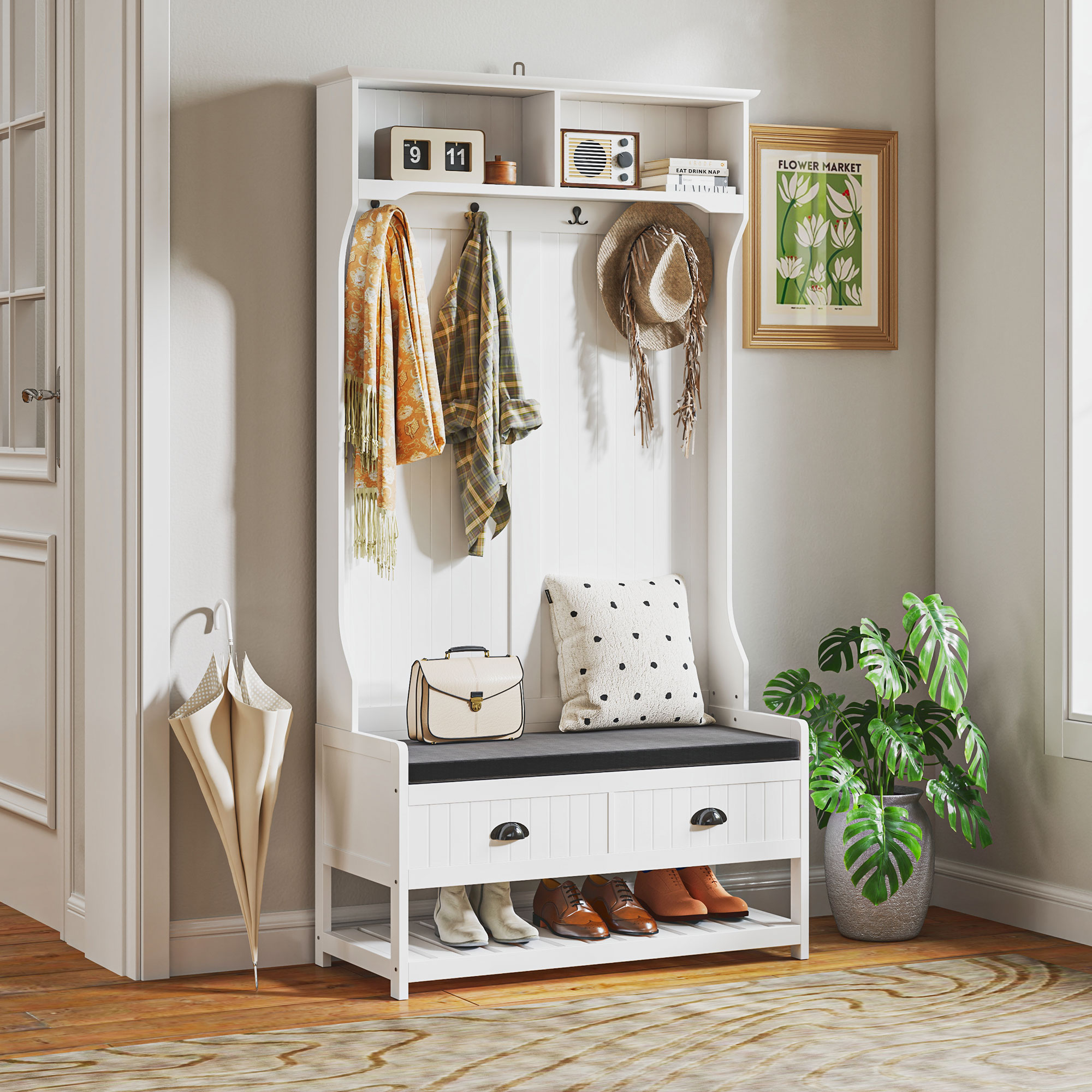 HOMCOM Kapstok met Haken, Garderobe met Schoenenbank, voor Entree, Hal, Metaal, MDF, Wit+Grijs