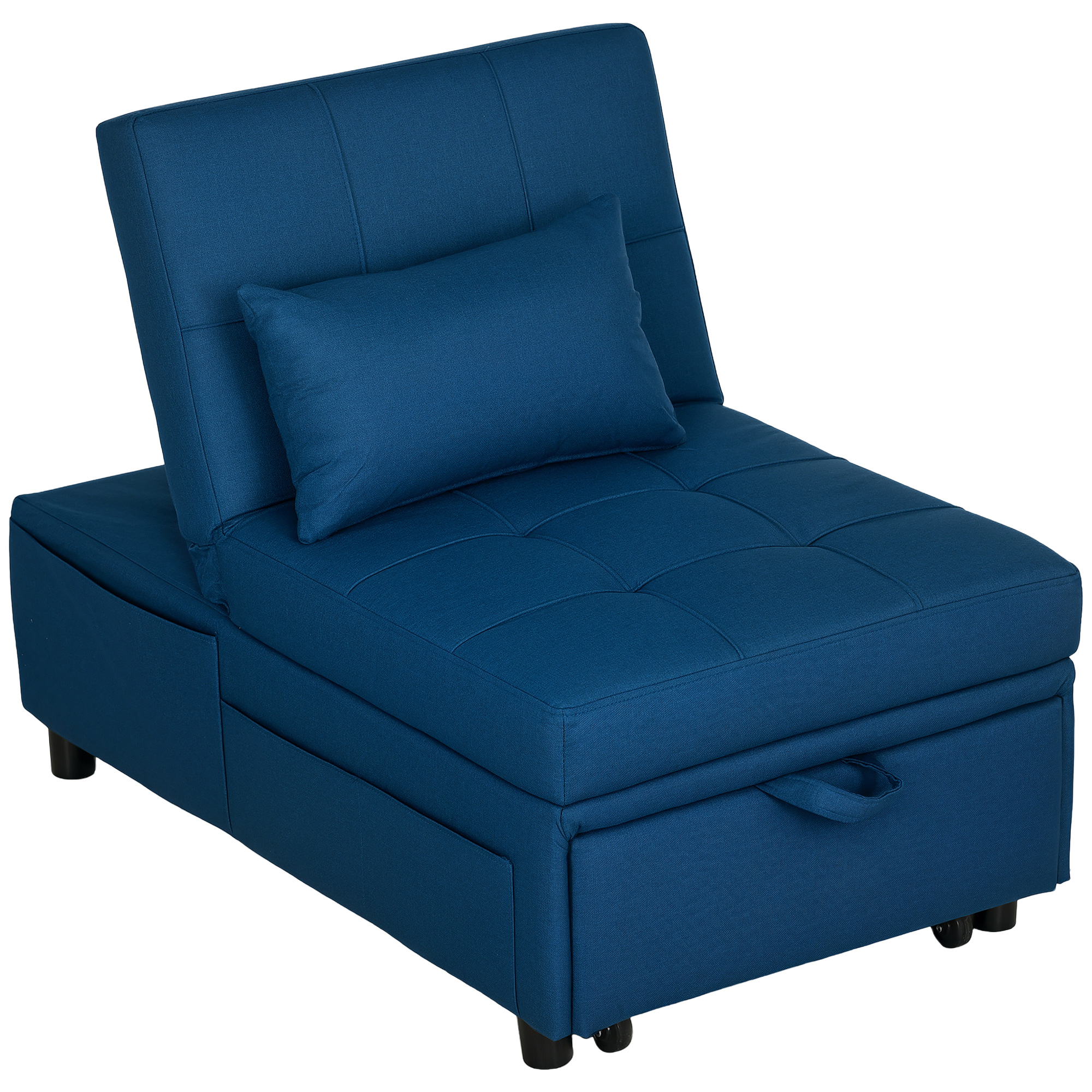 HOMCOM 3-in-1 Opvouwbare Fauteuil met Zijvak, Gastenbed met Kussen, Verstelbare Rugleuning, Stoelbed met Wielen, Blauw