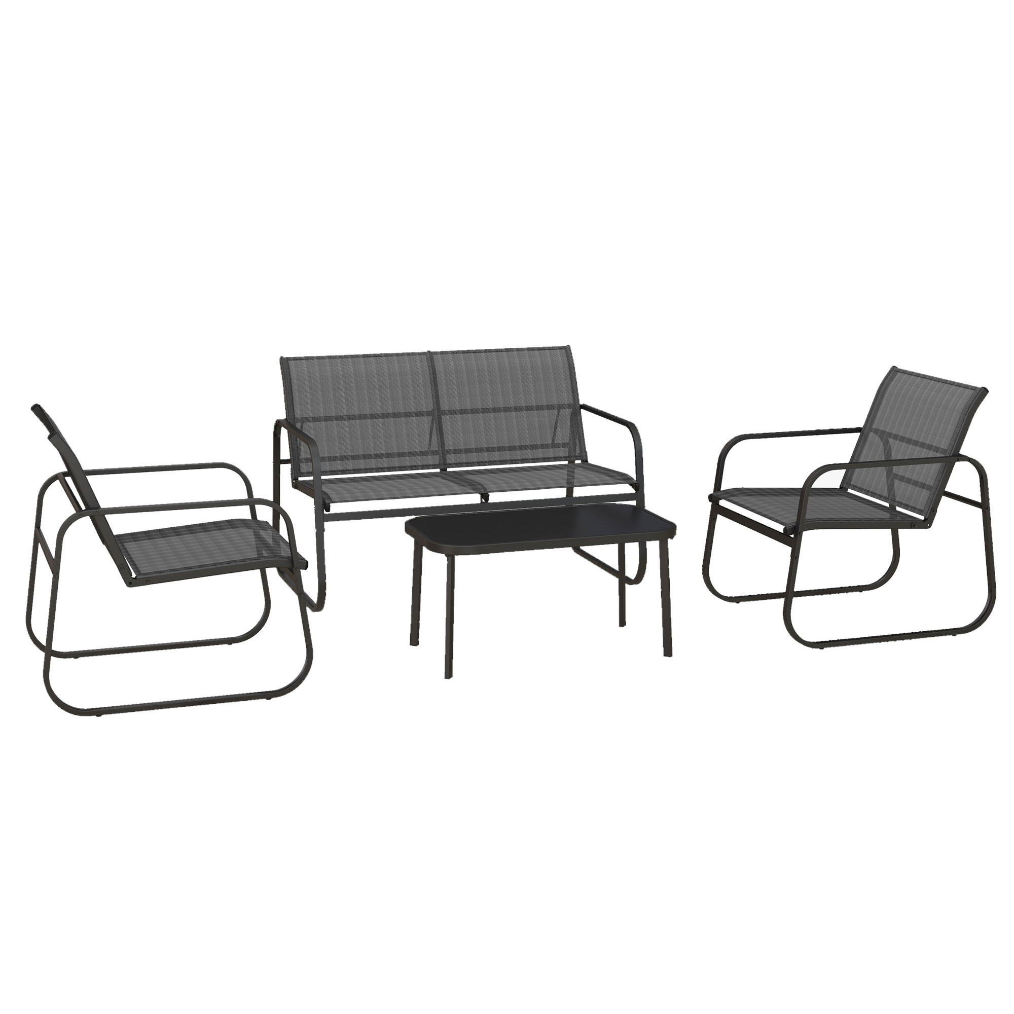 Outsunny 4-delige tuinset, 2 stoelen, 2-zitsbank, tafel met glazen blad, ademende stof, metalen frame, zwart