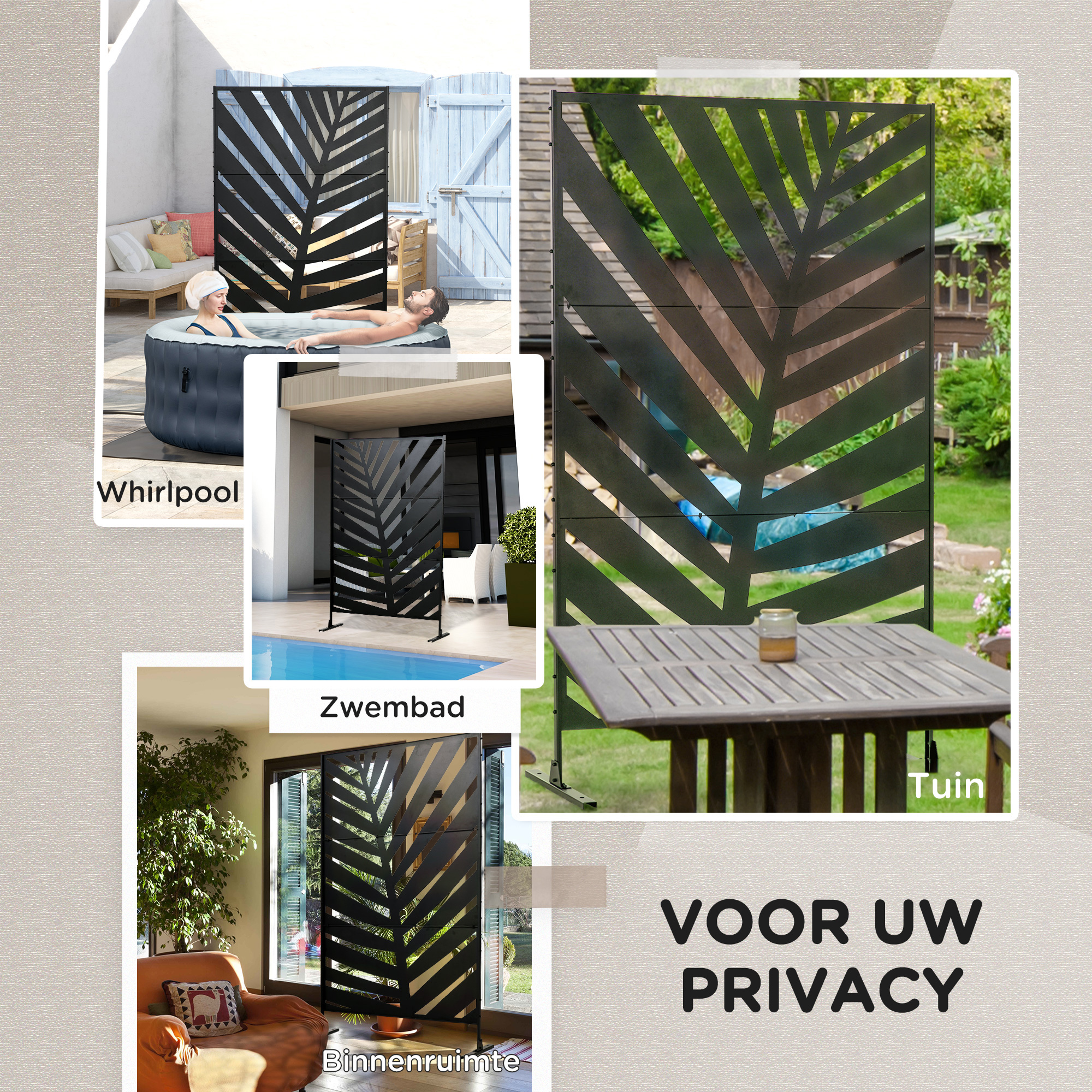 Outsunny Buitenscherm Privacy Stalen Frame Palmblad Silhouet 120x198 cm, Zwart