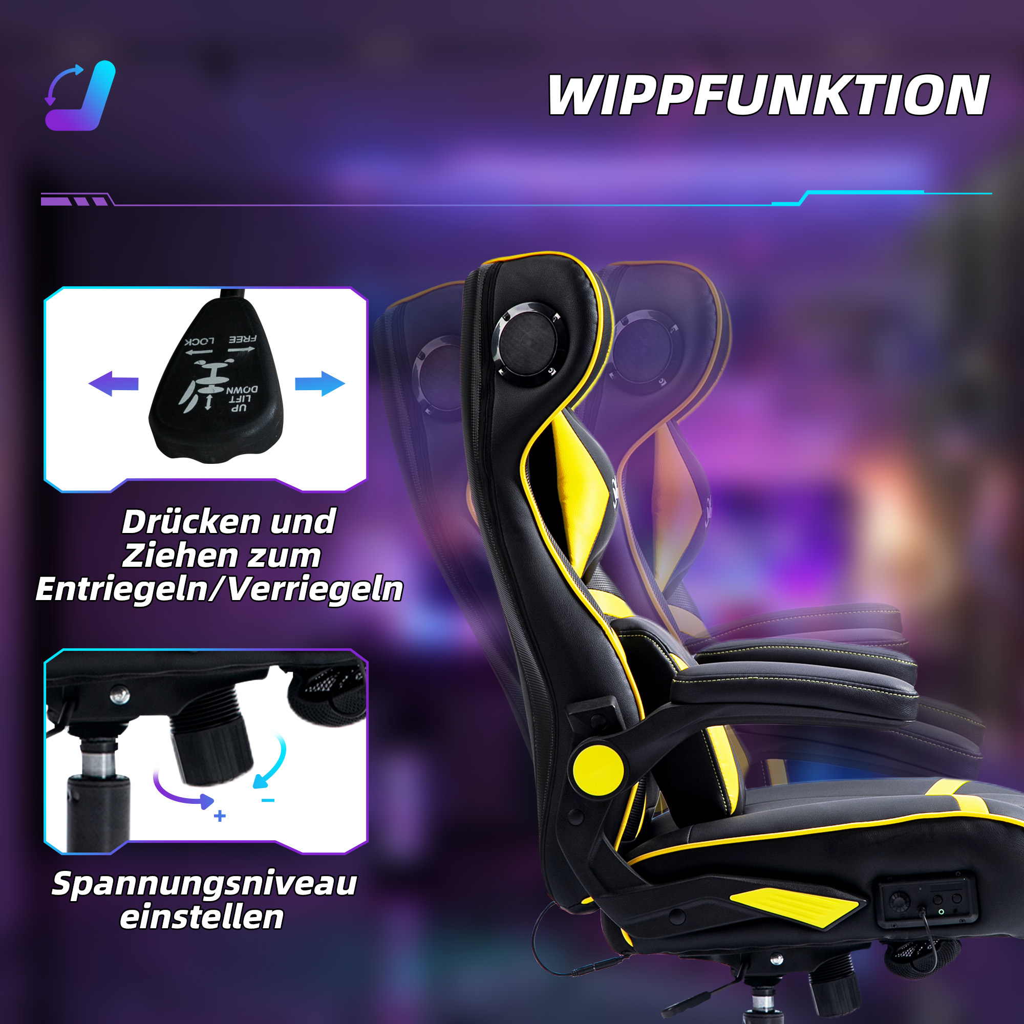 Vinsetto Gaming Stoel met Schommelfunctie en Luidspreker, Lenden- en Neksteun, voor Spelkamer, Kunstleer, Geel+Zwart