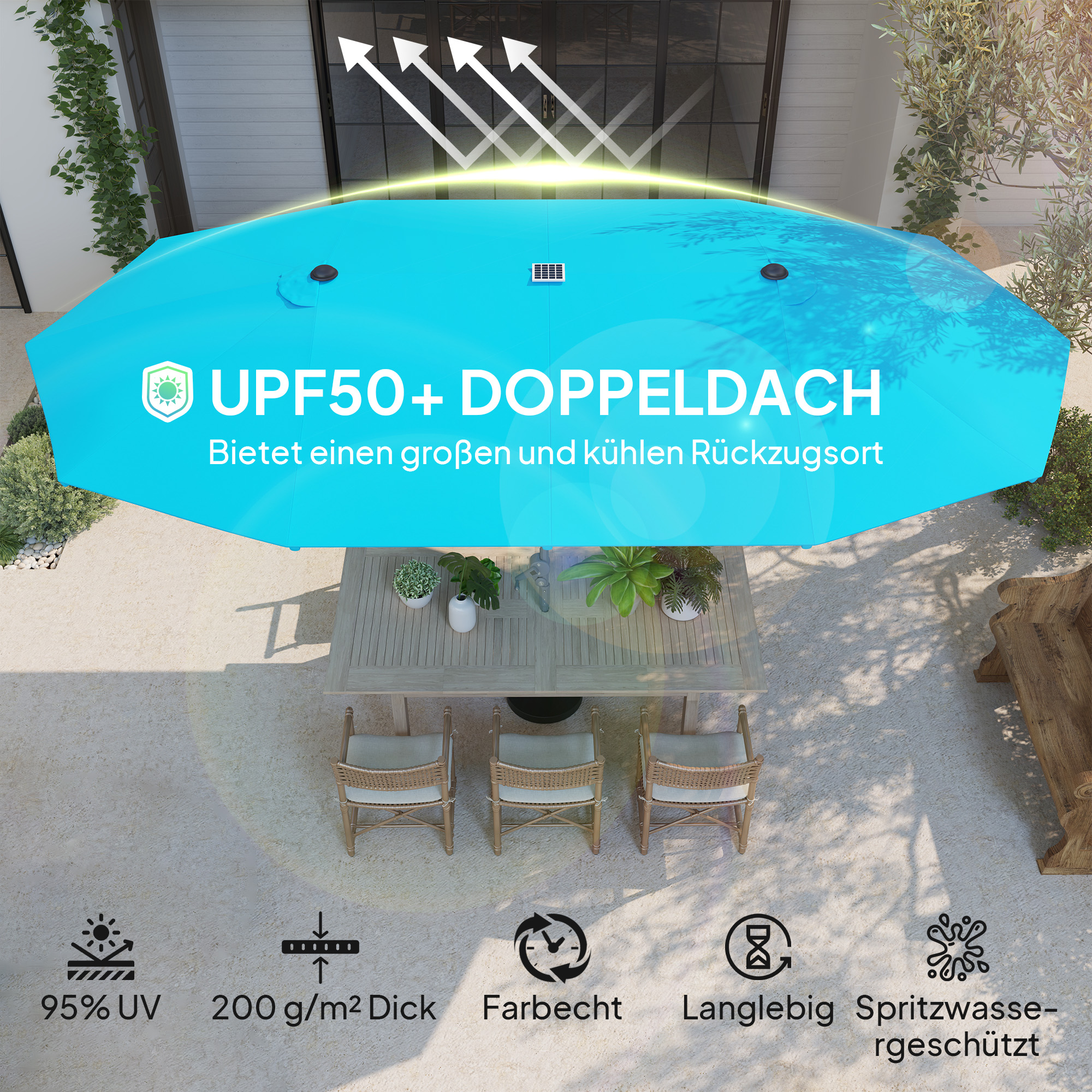 Outsunny Dubbele Parasol met Zonne-energie Verlichting, Aluminium, Polyester, UPF50+ Bescherming, UV-bestendig, Terrasparasol, Blauw