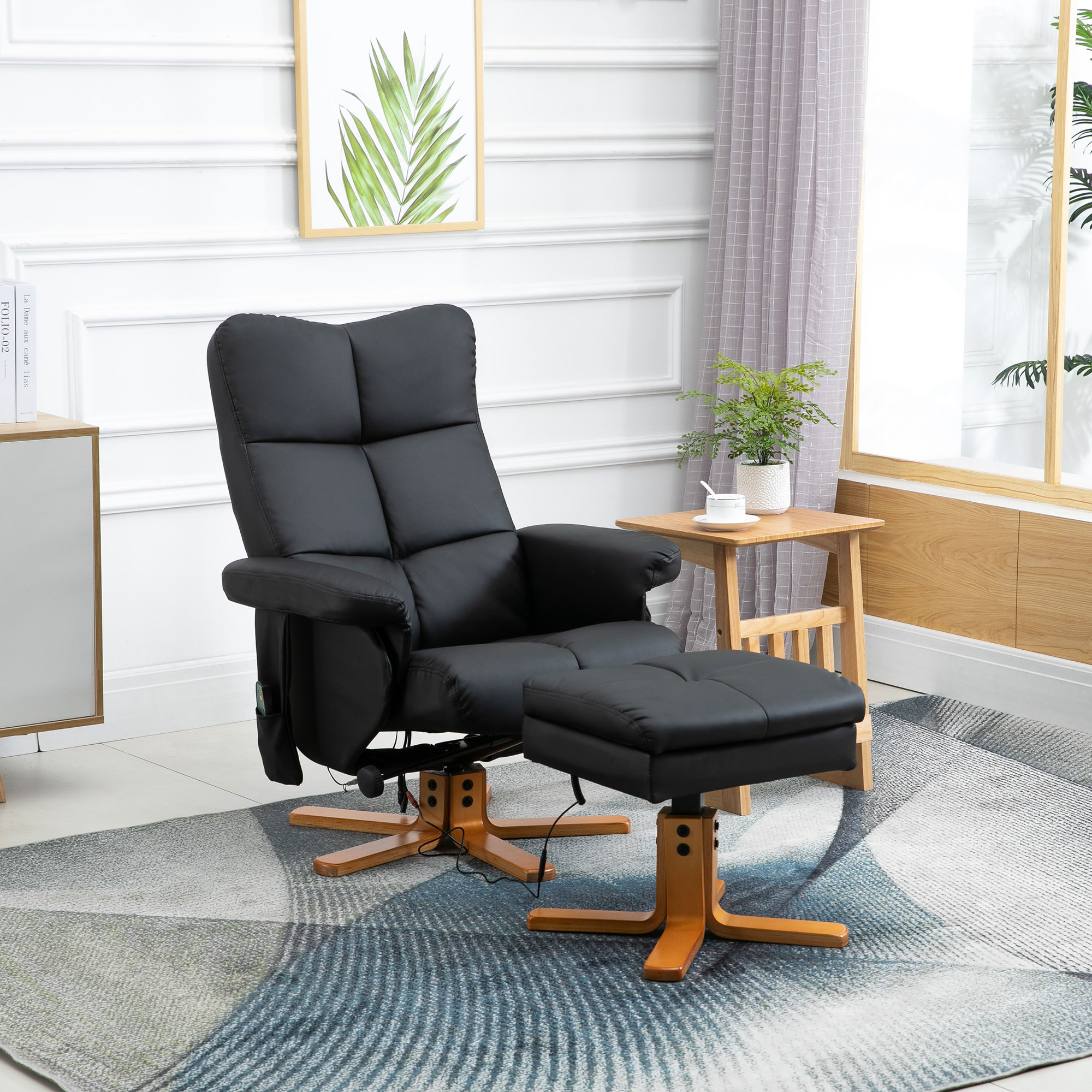 HOMCOM massagestoel met voetenbank relaxstoel kantelbaar tot 145° kunstleer zwart 80 x 86 x 99 cm