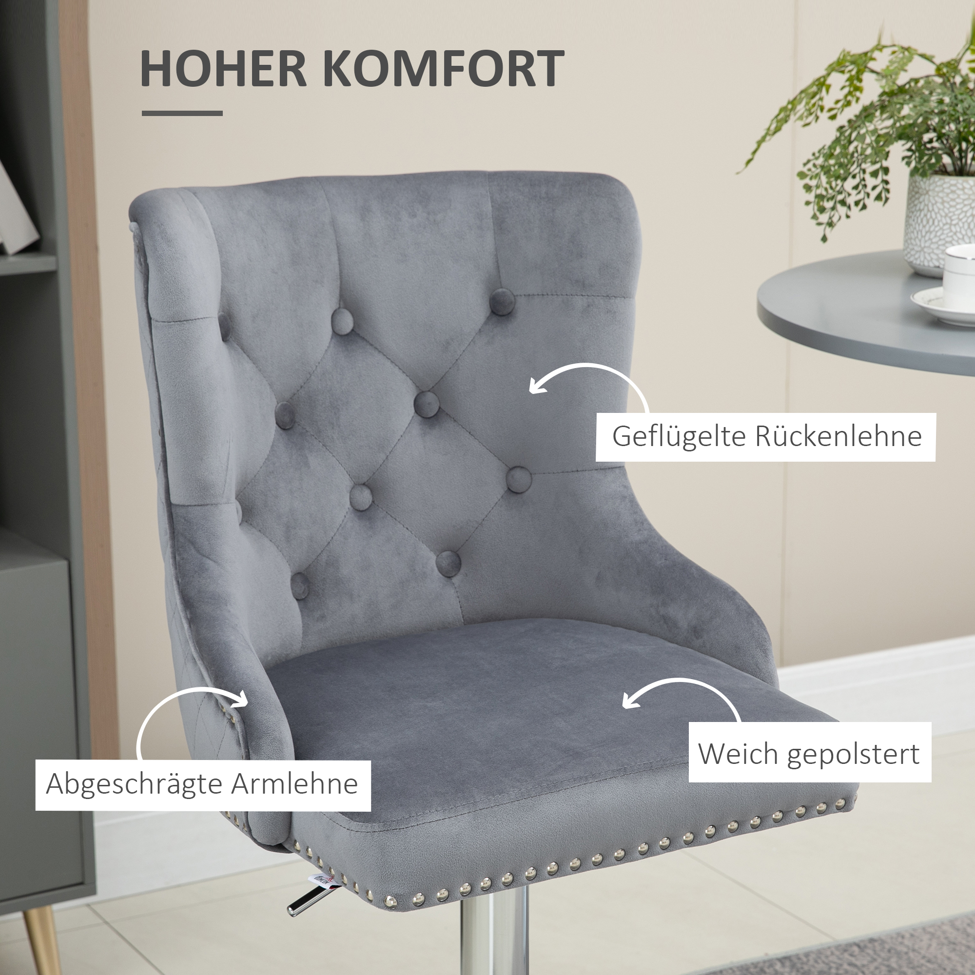 HOMCOM barkruk, kruk, set van 2 stuks, in hoogte verstelbaar, draaibare zitting, voetsteun, staal, grijs, 46 x 55 x 123 cm