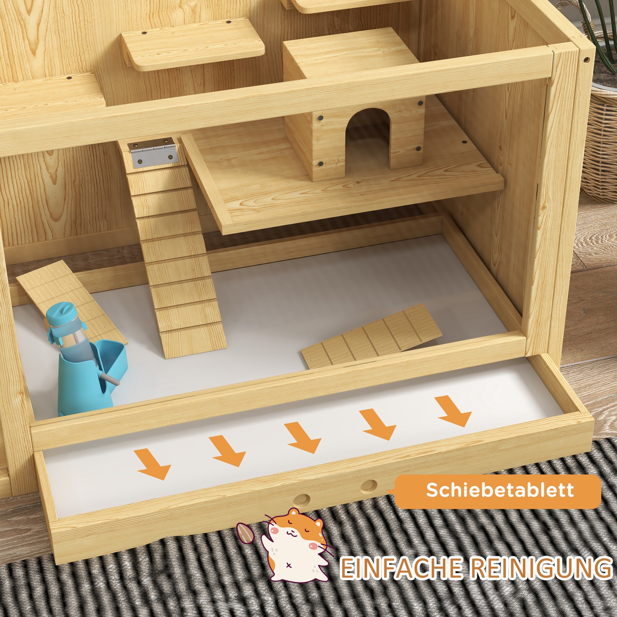 PawHut Knaagdierkooi, Sparrenhout, inclusief accessoires en drinkfles, 100 x 50 x 50 cm, Natuurlijk
