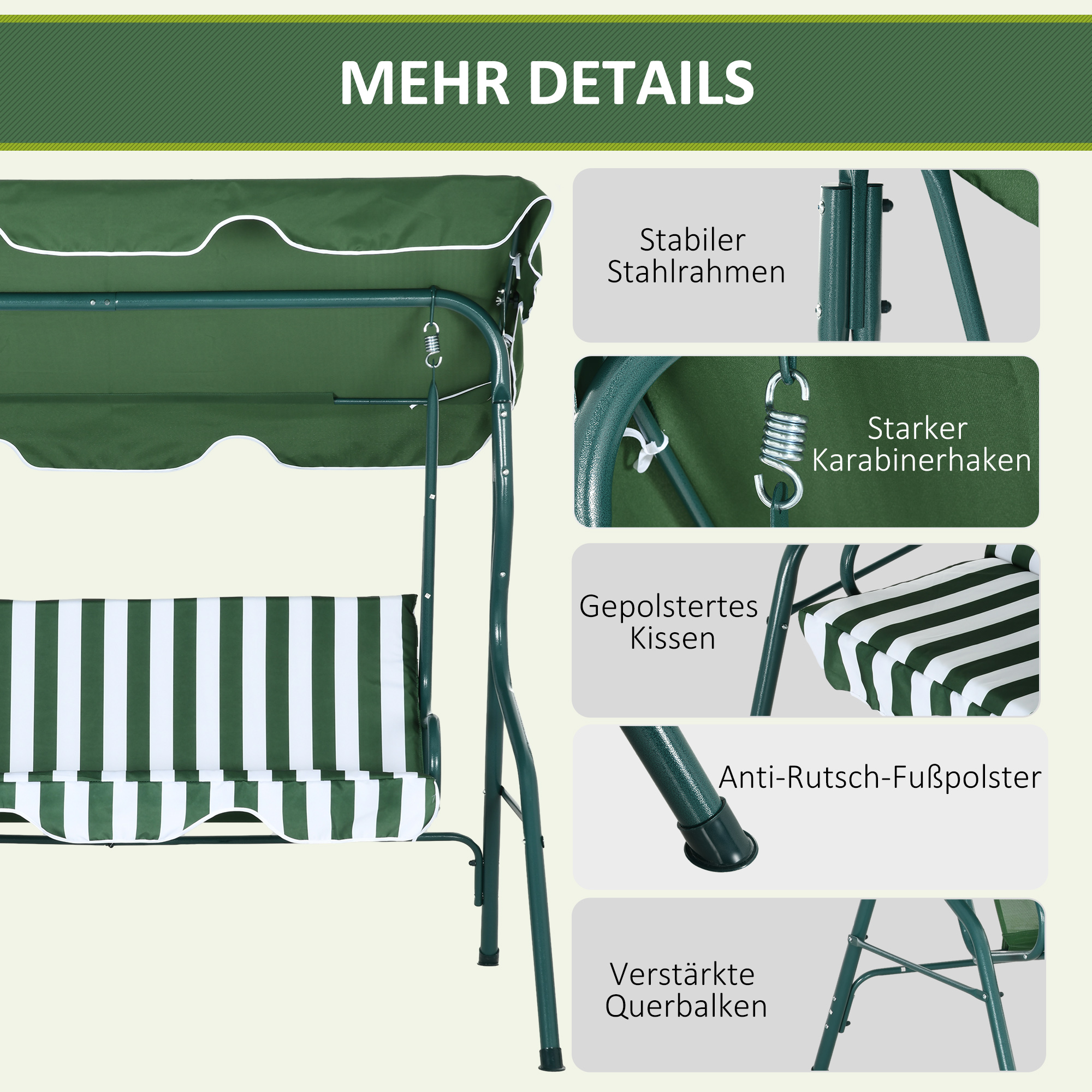 Outsunny 3-zits Hollywoodschommel Tuinligbed Schommelbank, weerbestendig, 172 cm x 110 cm x 153 cm, Groen + Wit